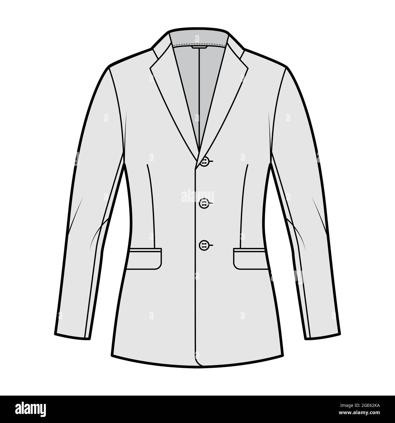 Blazer fitted jacket suit technical fashion illustration with single breasted, notched lapel collar, flap pockets, fitted body, hip length. Flat template front, grey color. Women, men CAD mockup Stock Vector