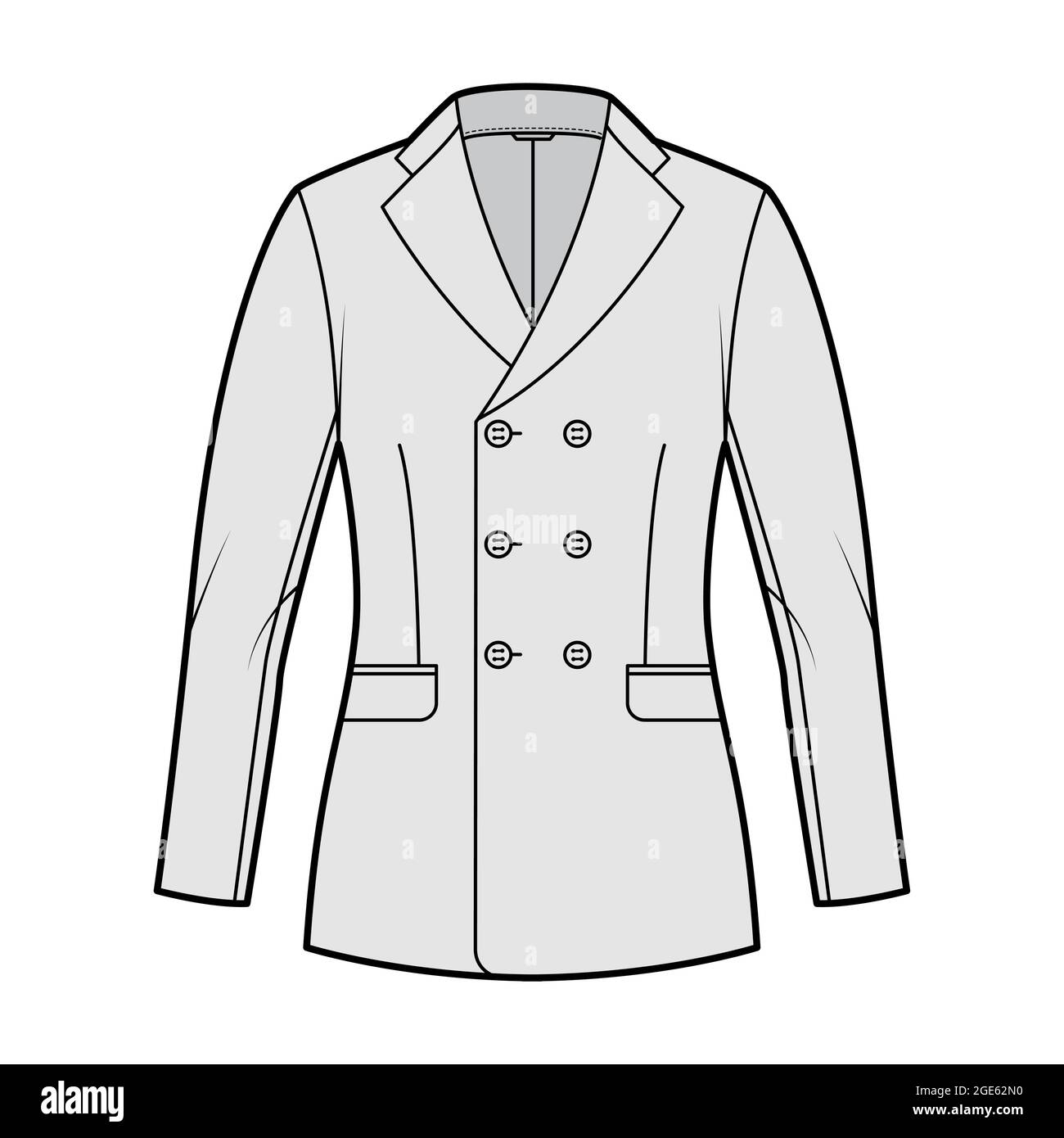 Fitted jacket suit technical fashion illustration with double breasted, notched lapel collar, flap pockets, hip length. Flat Blazer coat template front, grey color style. Women, men unisex CAD mockup Stock Vector