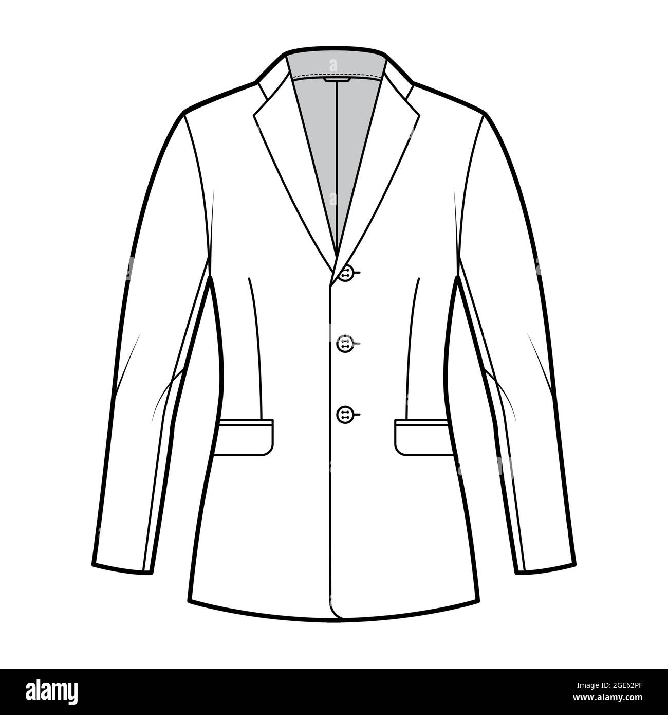 Blazer fitted jacket suit technical fashion illustration with single breasted, notched lapel collar, flap pockets, fitted body, hip length. Flat template front, white color. Women, men CAD mockup Stock Vector