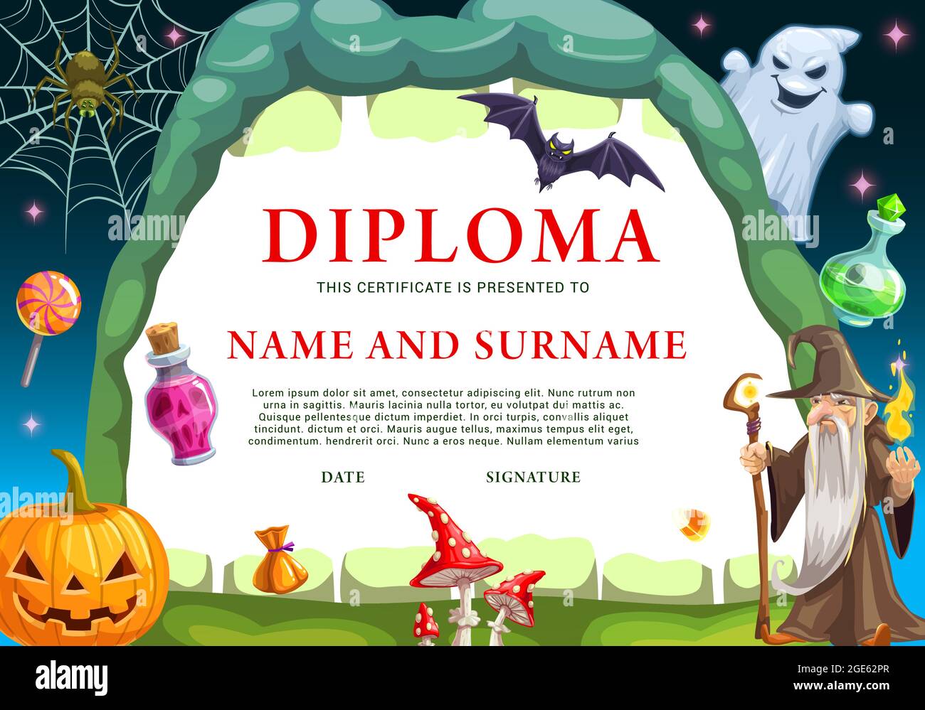 Child Halloween diploma template with monsters. Wizard and ghost Throughout Halloween Certificate Template