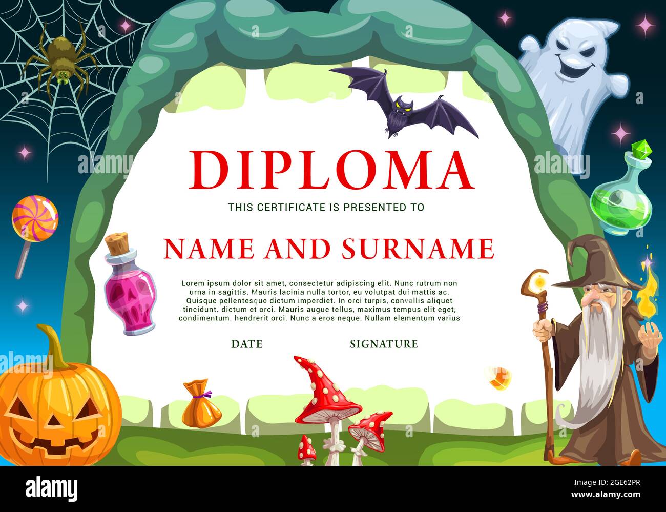 Child Halloween diploma template with monsters. Wizard and ghost Within Halloween Certificate Template