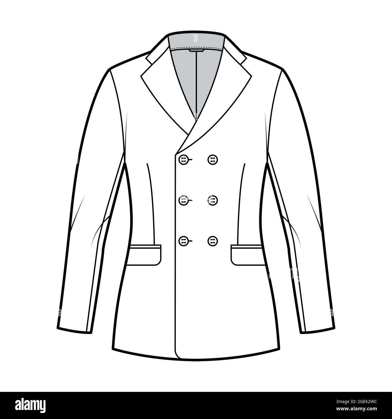Fitted jacket suit technical fashion illustration with double breasted, notched lapel collar, flap pockets, hip length. Flat Blazer coat template front, white color. Women, men unisex CAD mockup Stock Vector