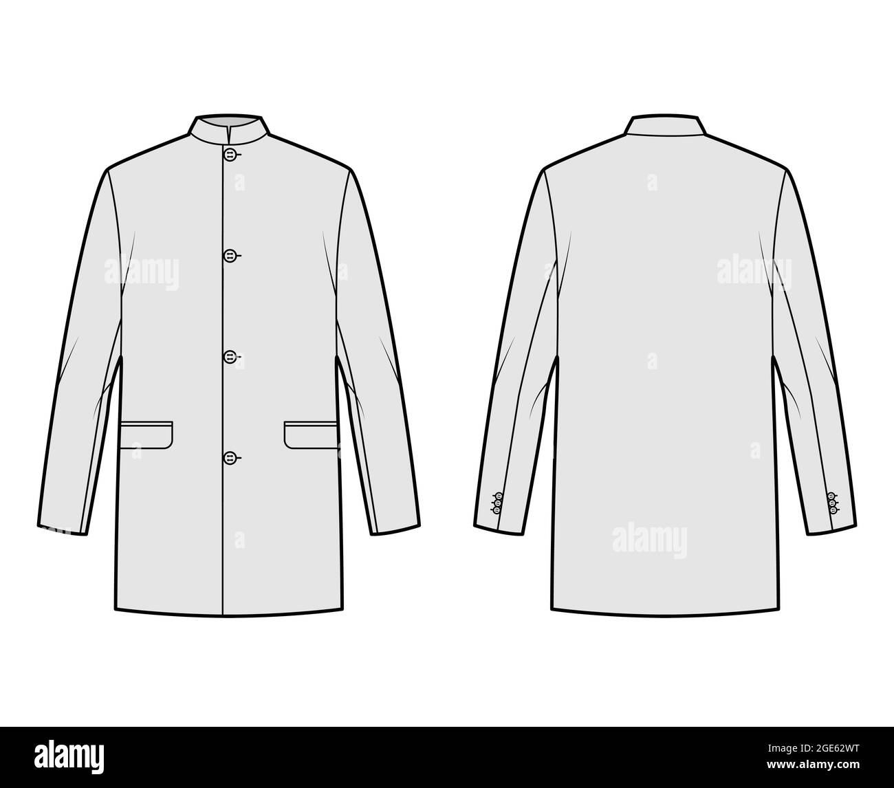 Nehru jacket technical fashion illustration with oversized, stand collar, flap pockets, oversized, long sleeves. Flat coat apparel template front, back, grey color style. Women, men, unisex CAD mockup Stock Vector