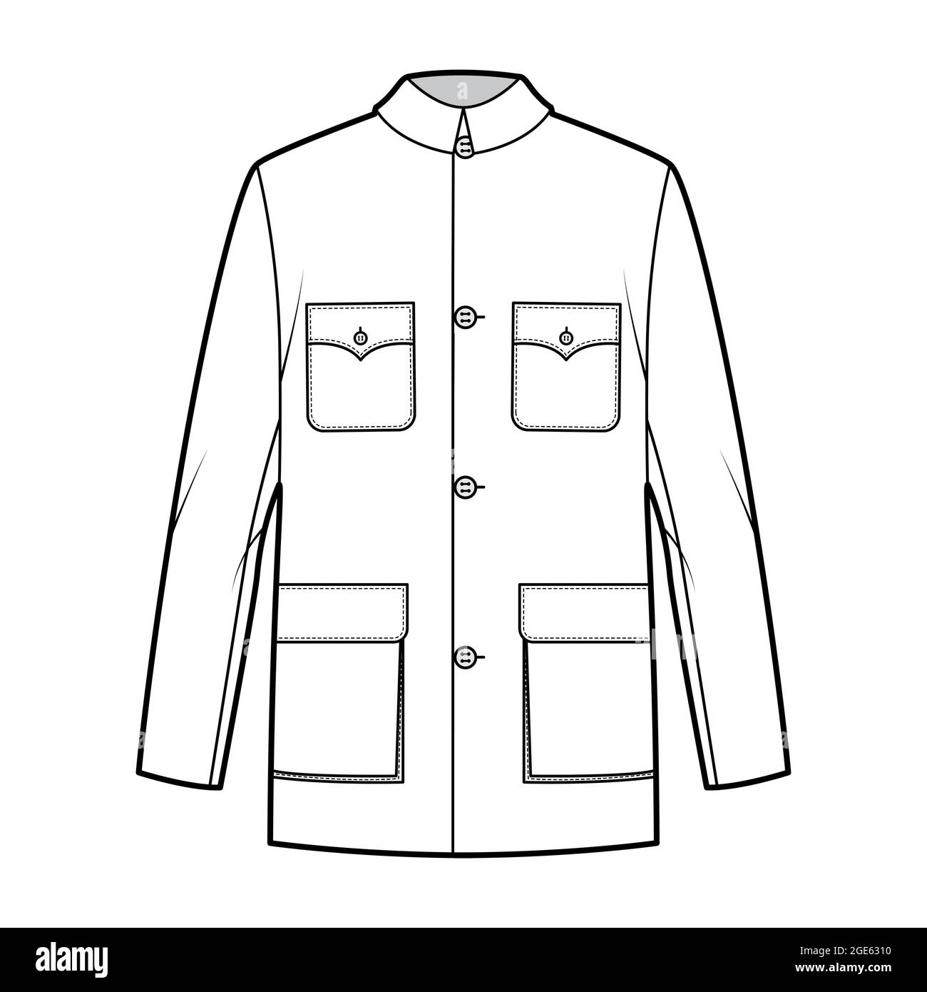 Mao jacket technical fashion illustration with oversized, classic collar, flap pockets, long sleeves, button closure. Flat coat apparel template front, white color style. Women, men, unisex CAD mockup Stock Vector