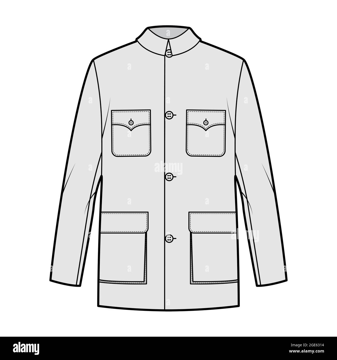 Mao jacket technical fashion illustration with oversized, classic collar, flap pockets, long sleeves, button closure. Flat coat apparel template front, grey color style. Women, men, unisex CAD mockup Stock Vector
