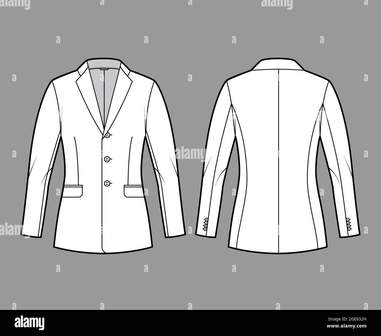 Blazer fitted jacket suit technical fashion illustration with single breasted, notched lapel collar, flap pockets, fitted body, hip length. Flat template front, back, white color. Women men CAD mockup Stock Vector