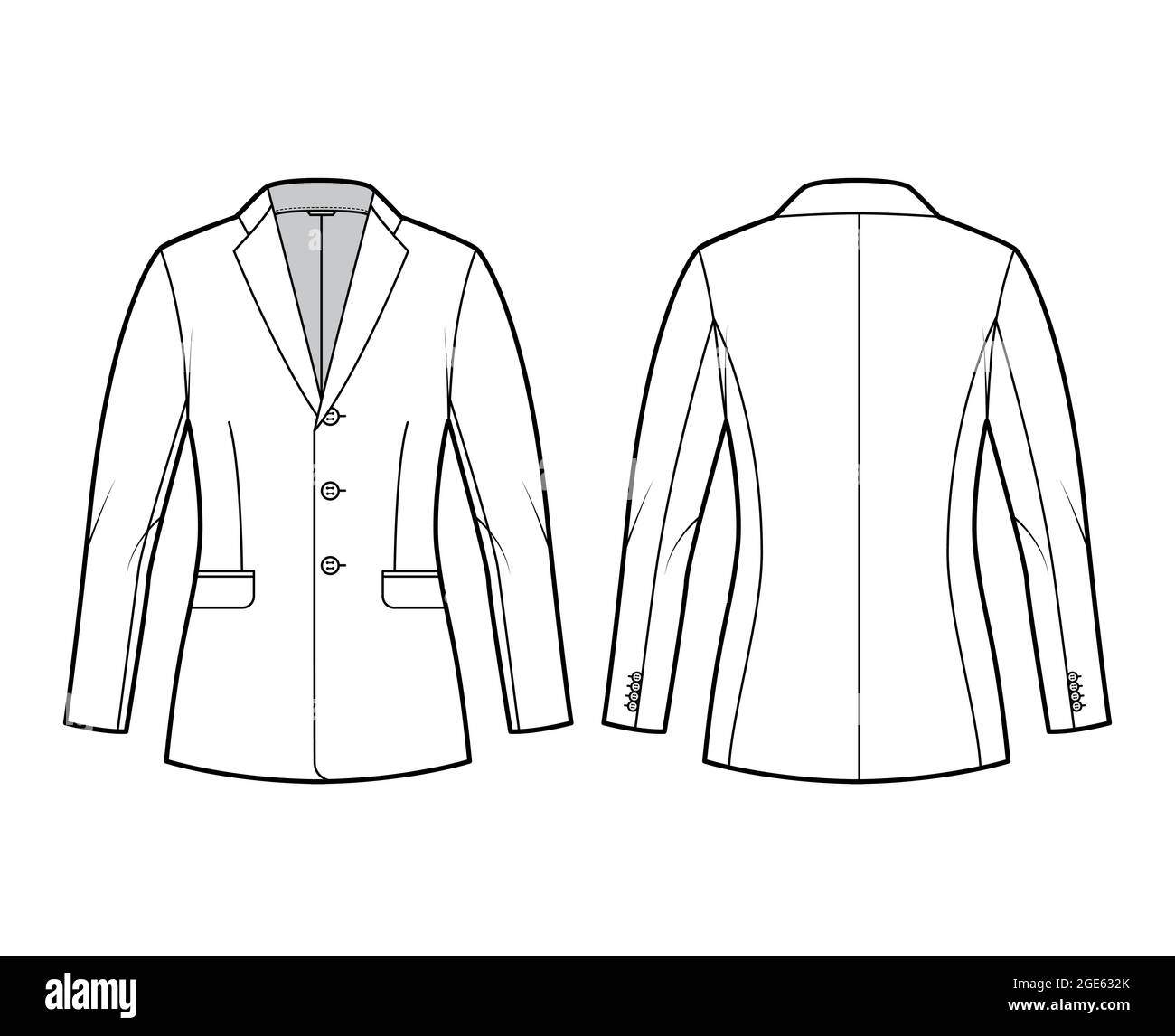 Blazer fitted jacket suit technical fashion illustration with single breasted, notched lapel collar, flap pockets, fitted body, hip length. Flat template front, back white color. Women, men CAD mockup Stock Vector