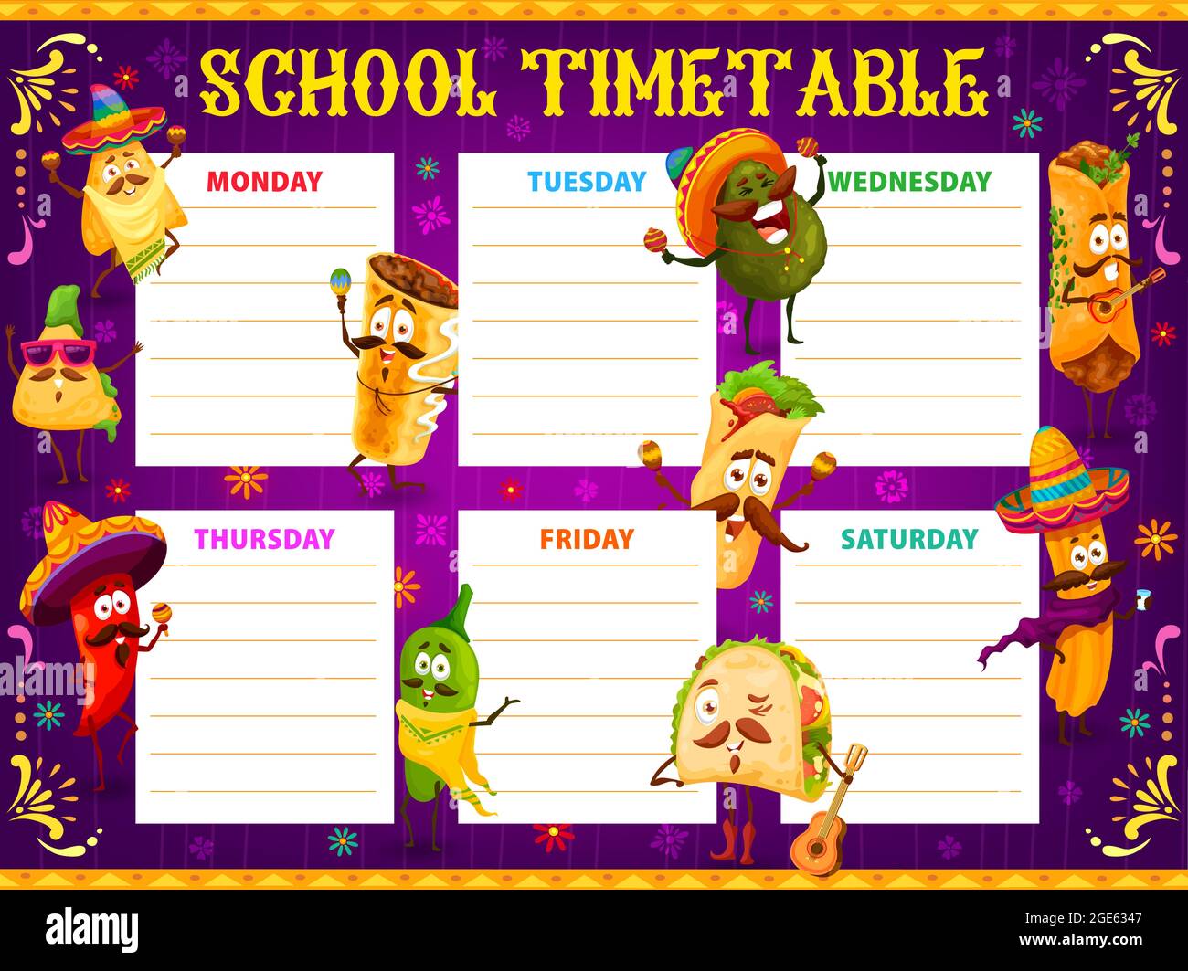 School timetable schedule, cartoon mexican avocado, jalapeno and quesadilla, burrito, tacos or churros characters. Education kids time table vector sh Stock Vector