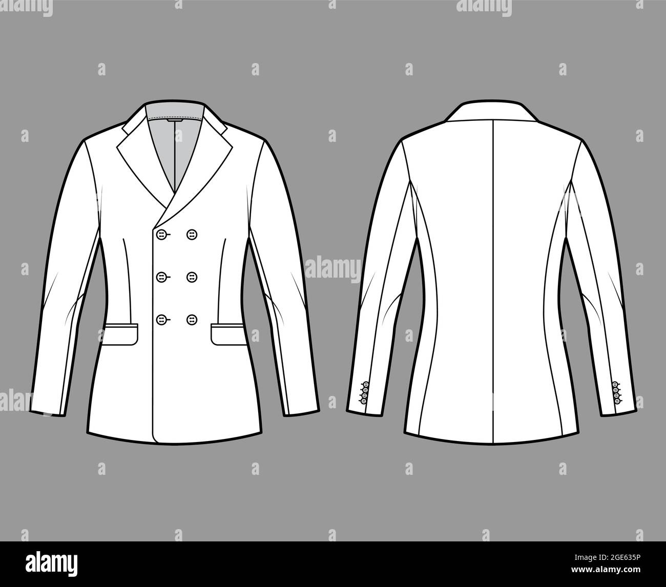 Fitted jacket suit technical fashion illustration with double breasted, notched lapel collar, flap pockets, hip length. Flat Blazer coat template front, back, white color. Women, men unisex CAD mockup Stock Vector