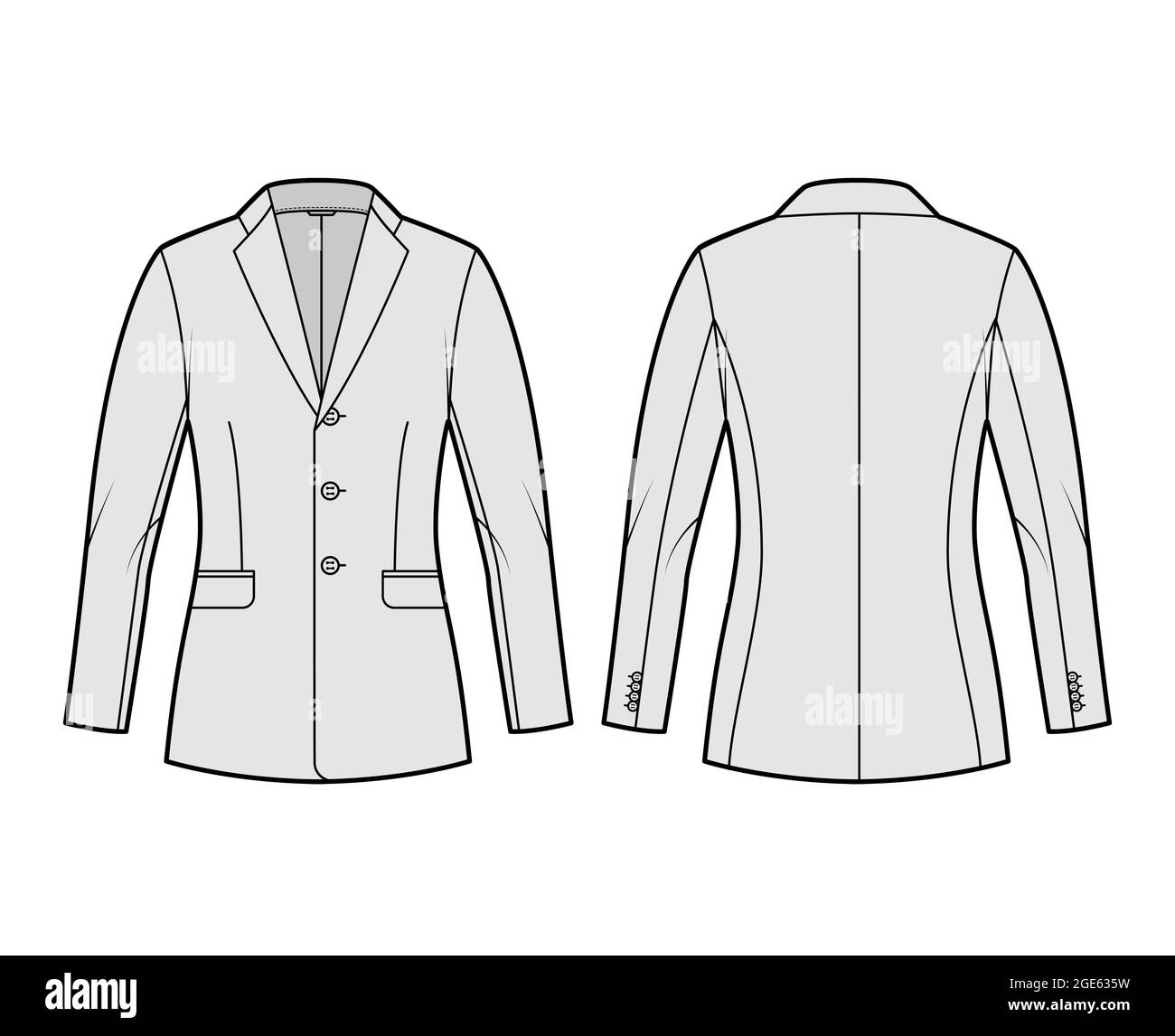Blazer fitted jacket suit technical fashion illustration with single breasted, notched lapel collar, flap pockets, fitted body, hip length. Flat template front, back, grey color. Women, men CAD mockup Stock Vector
