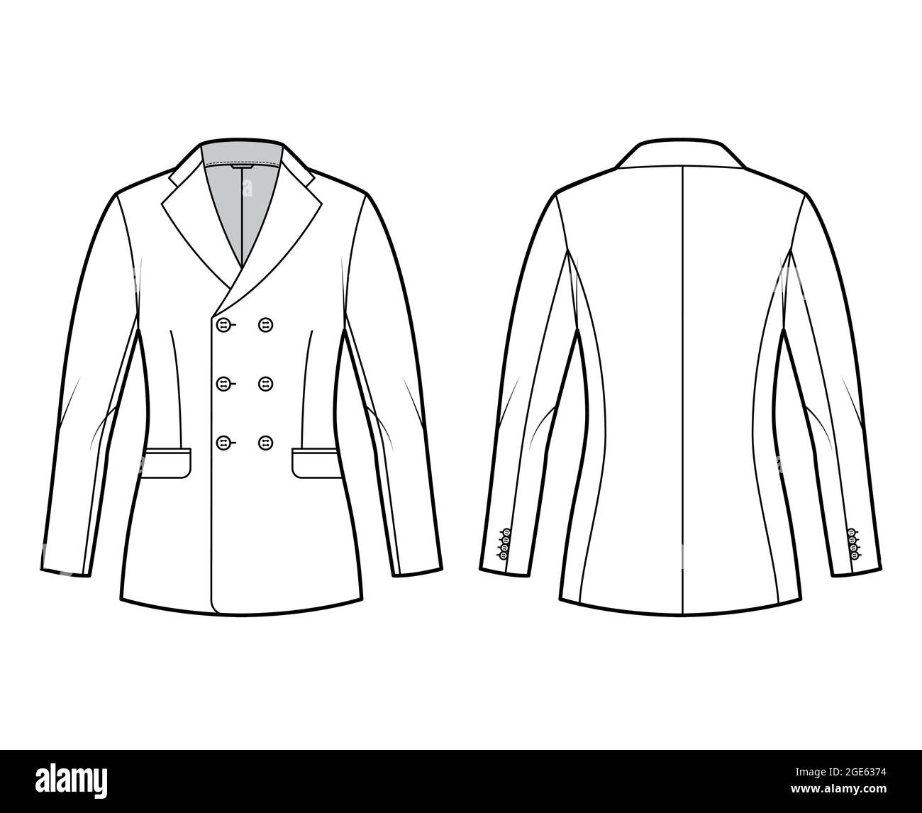 Fitted jacket suit technical fashion illustration with double breasted, notched lapel collar, flap pockets, hip length. Flat Blazer coat template front, back, white color. Women, men unisex CAD mockup Stock Vector