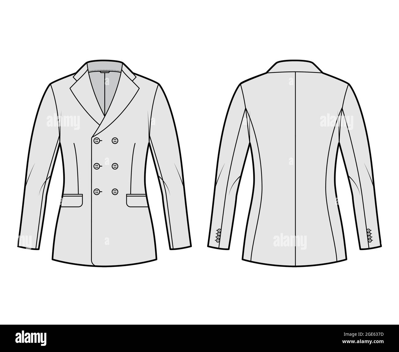 Fitted jacket suit technical fashion illustration with double breasted, notched lapel collar, flap pockets, hip length. Flat Blazer coat template front, back, grey color. Women, men unisex CAD mockup Stock Vector