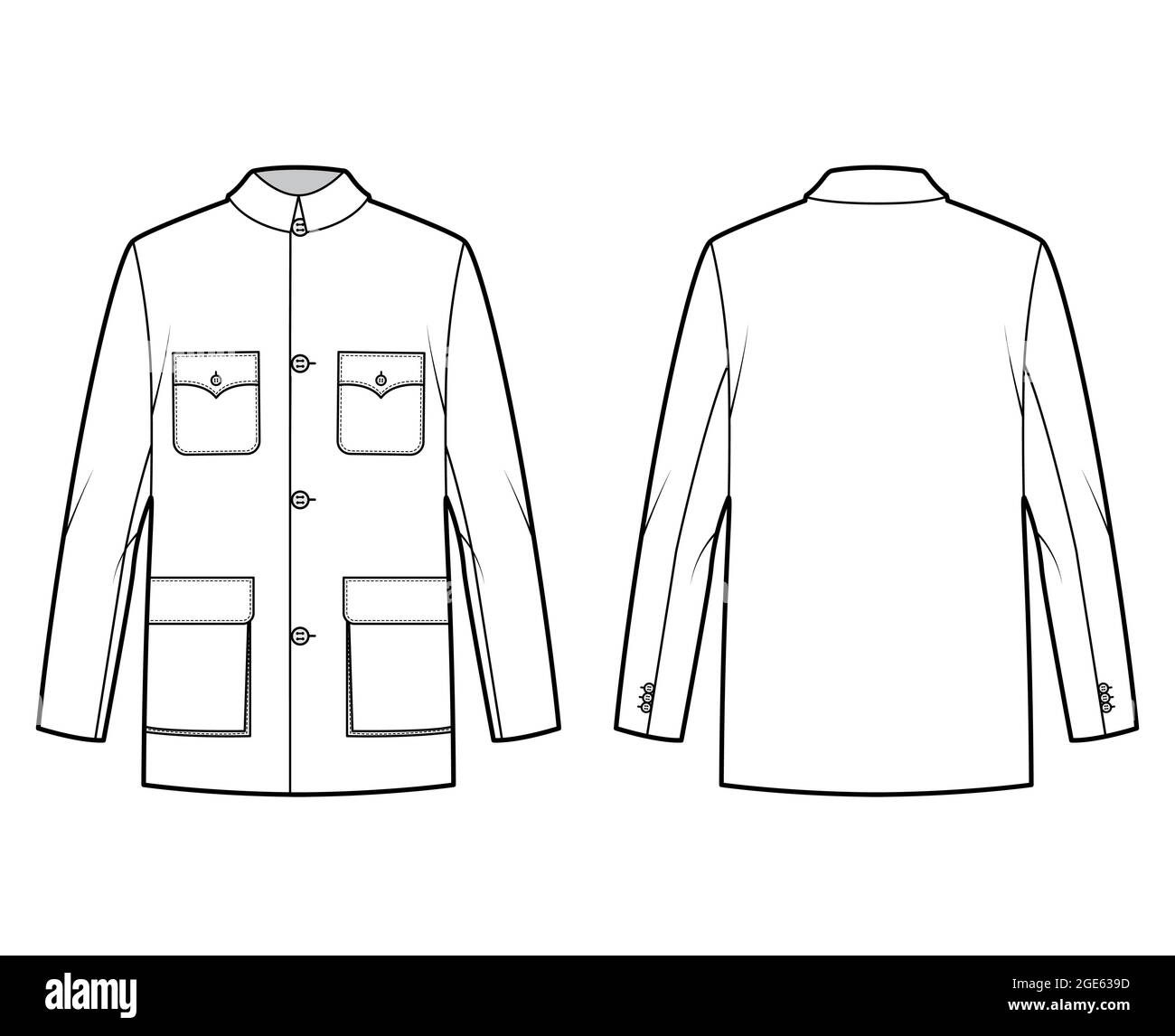 Mao jacket technical fashion illustration with oversized, classic collar, flap pockets, long sleeves, button closure. Flat coat apparel template front, back, white color style. Women, men, unisex CAD Stock Vector