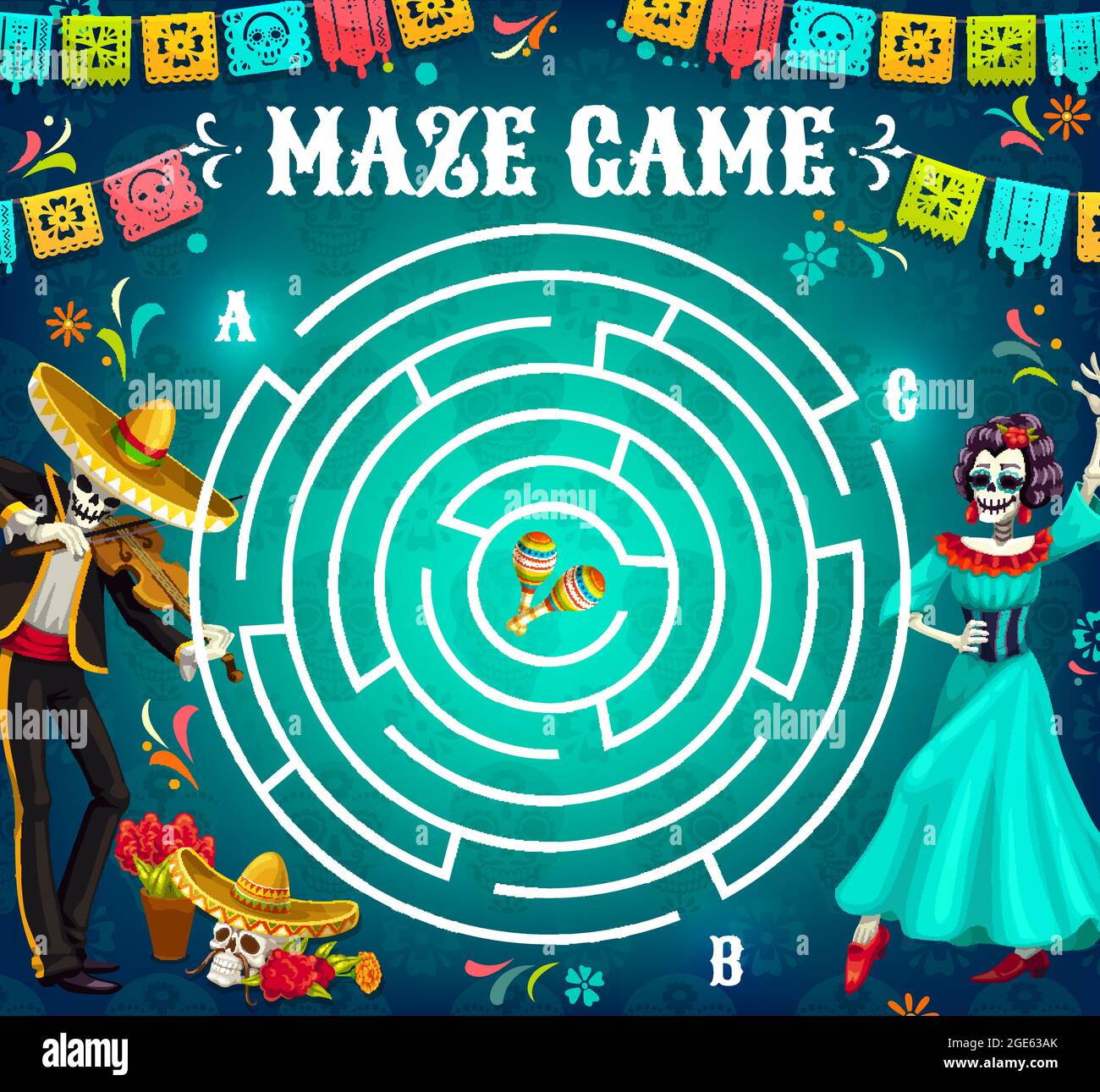 Labyrinth maze game, dia de los muertos holiday characters. Vector task ...