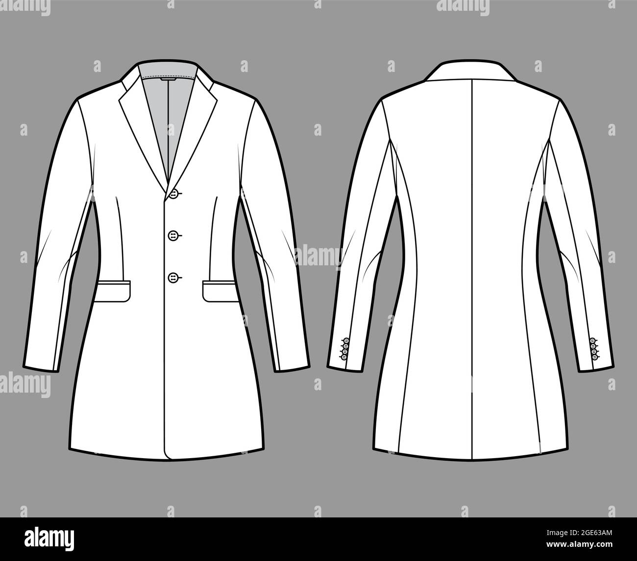 Jacket fitted Blazer structured suit technical fashion illustration with single breasted, long sleeves, flap pockets, fingertip length. Flat coat template front, back, white color. Women, men CAD Stock Vector