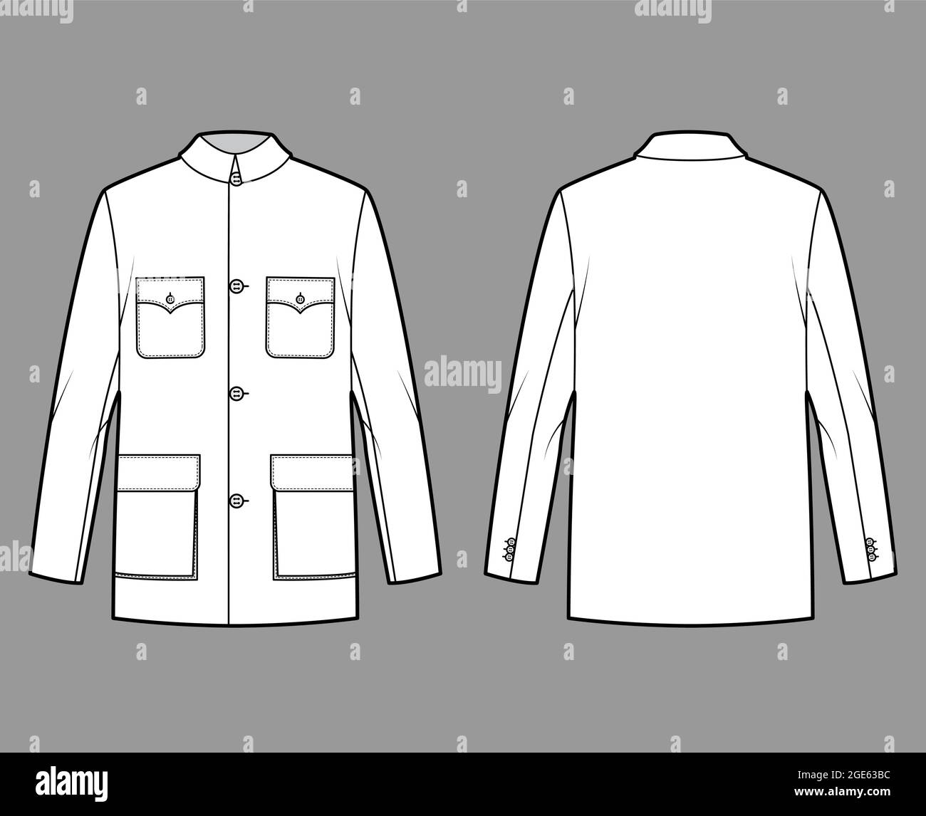 Mao jacket technical fashion illustration with oversized, classic collar, flap pockets, long sleeves, button closure. Flat coat apparel template front, back, white color style. Women, men CAD mockup Stock Vector