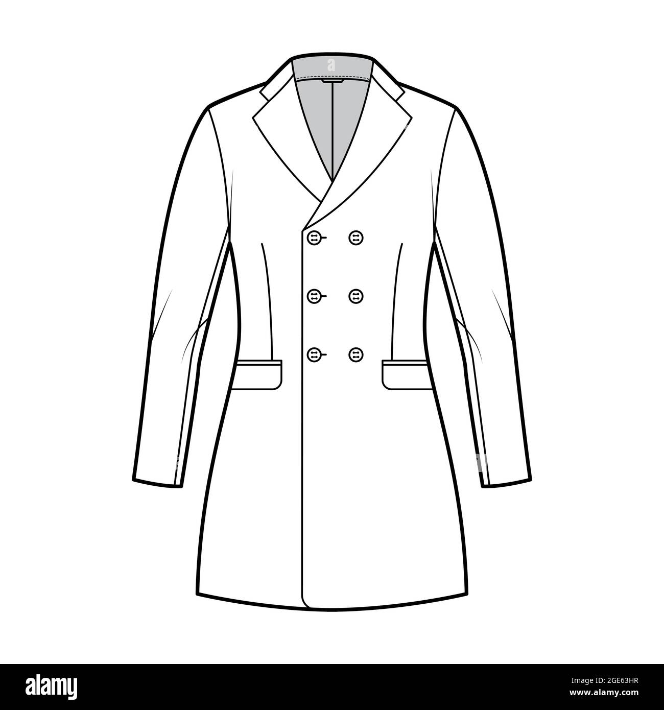 Fitted jacket double breasted suit technical fashion illustration with long sleeves, notched lapel collar, flap pockets, fingertip length. Flat Blazer coat template front, white color. Women, men CAD Stock Vector
