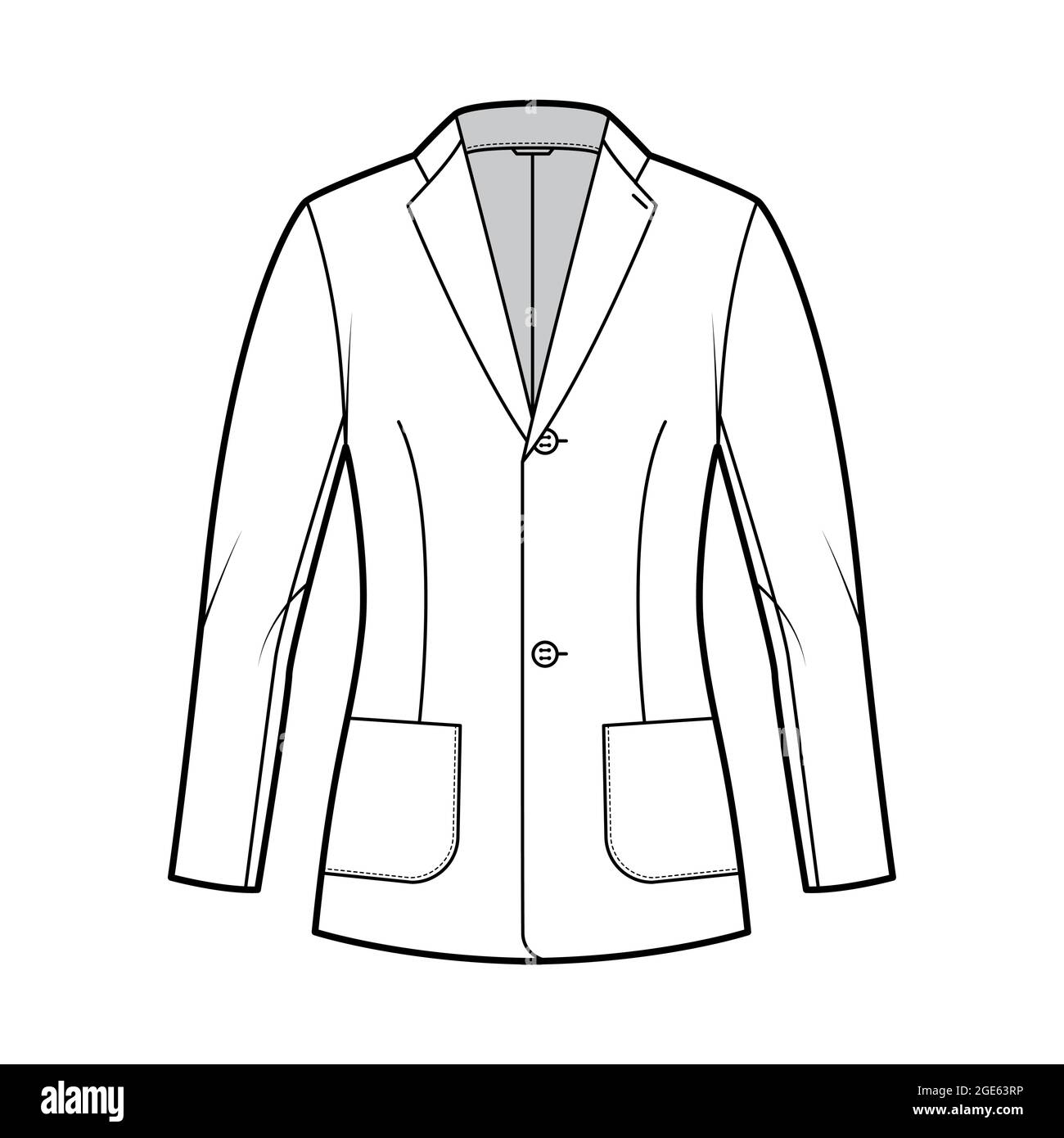 Blazer fitted jacket suit technical fashion illustration with single breasted, long sleeves, notched lapel collar, patch pockets, hip length. Flat coat template front white color. Women men CAD mockup Stock Vector