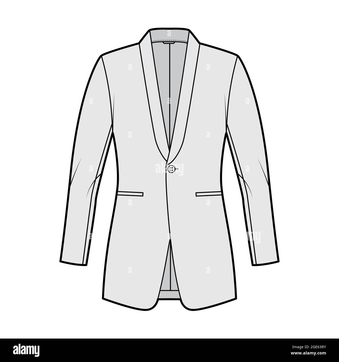 Dinner fitted jacket suit tuxedo technical fashion illustration with single breasted, long sleeves, jetted pockets. Flat coat blazer template front, grey color style. Women, men unisex CAD mockup Stock Vector