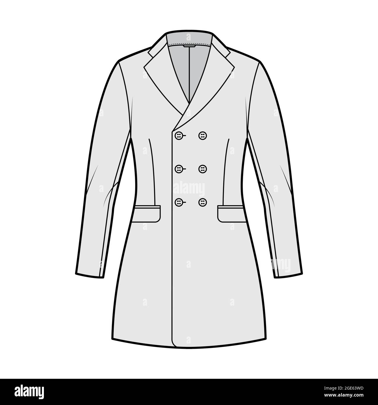 Fitted jacket double breasted suit technical fashion illustration with long sleeves, notched lapel collar, flap pockets, fingertip length. Flat Blazer coat template front, grey color. Women, men CAD Stock Vector