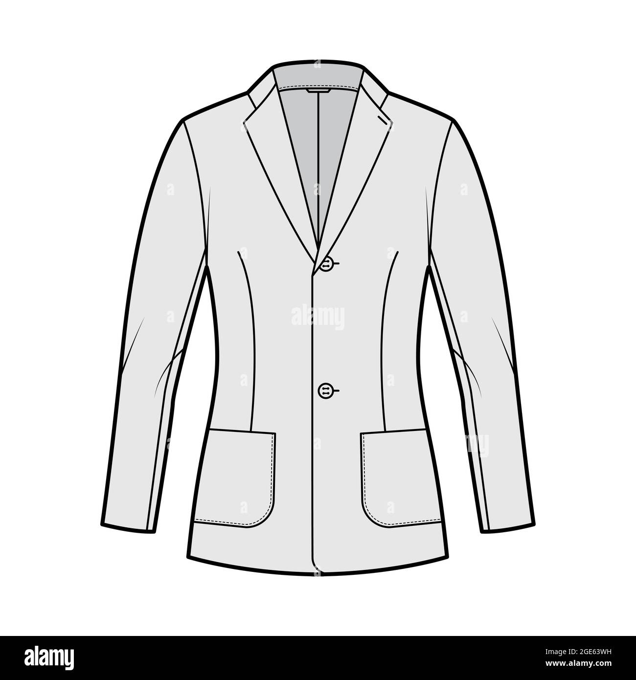 Blazer fitted jacket suit technical fashion illustration with single breasted, long sleeves, notched lapel collar, patch pockets, hip length. Flat coat template front grey color. Women, men CAD mockup Stock Vector