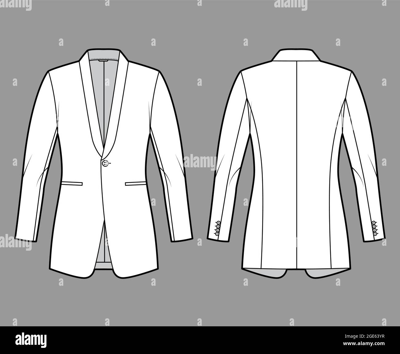 Dinner fitted jacket suit tuxedo technical fashion illustration with single breasted, long sleeves, jetted pockets. Flat coat blazer template front, back, white color style. Women unisex CAD mockup Stock Vector