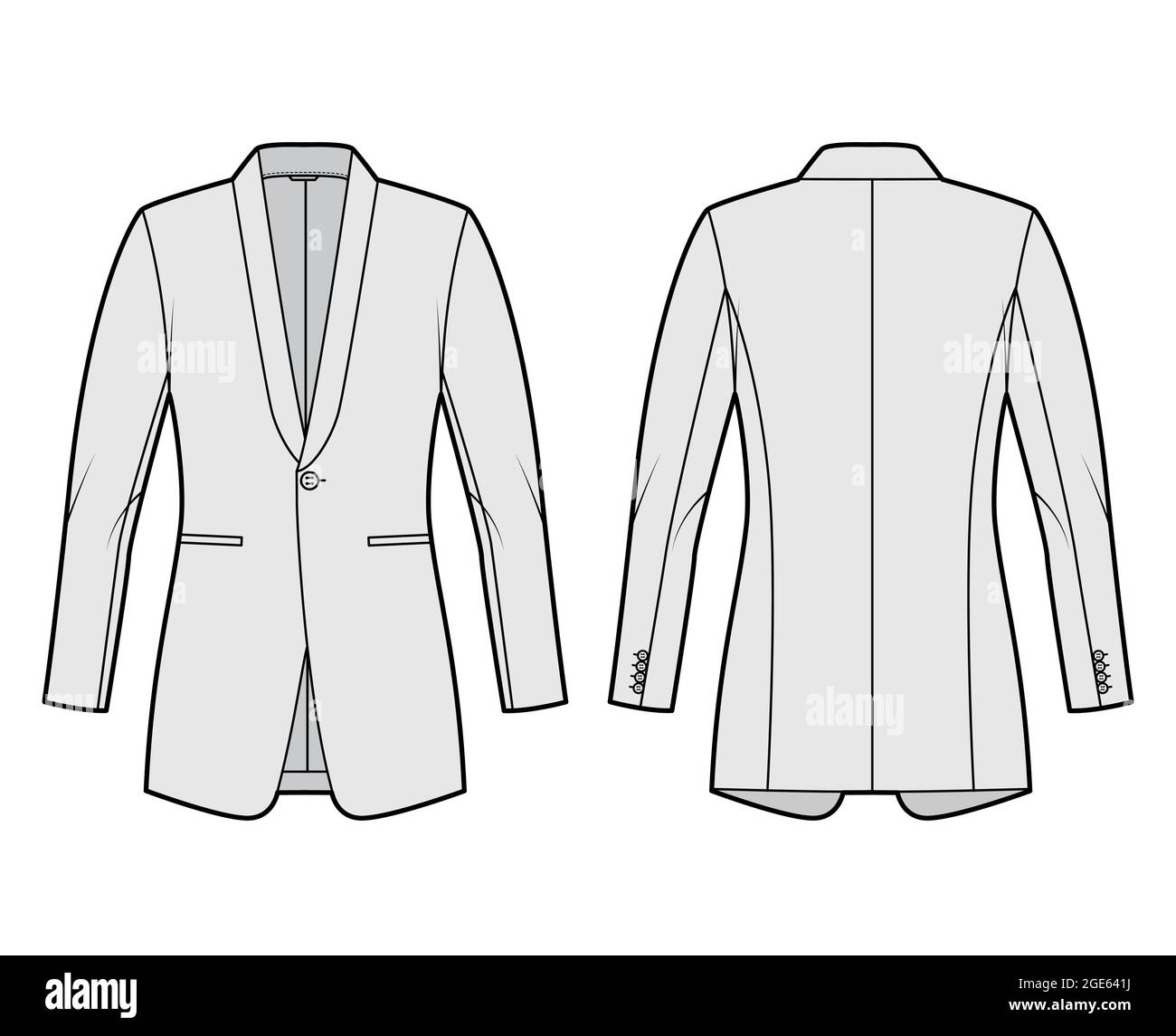 Dinner fitted jacket suit tuxedo technical fashion illustration with single breasted, long sleeves, jetted pockets. Flat coat blazer template front, back grey color style. Women, men unisex CAD mockup Stock Vector