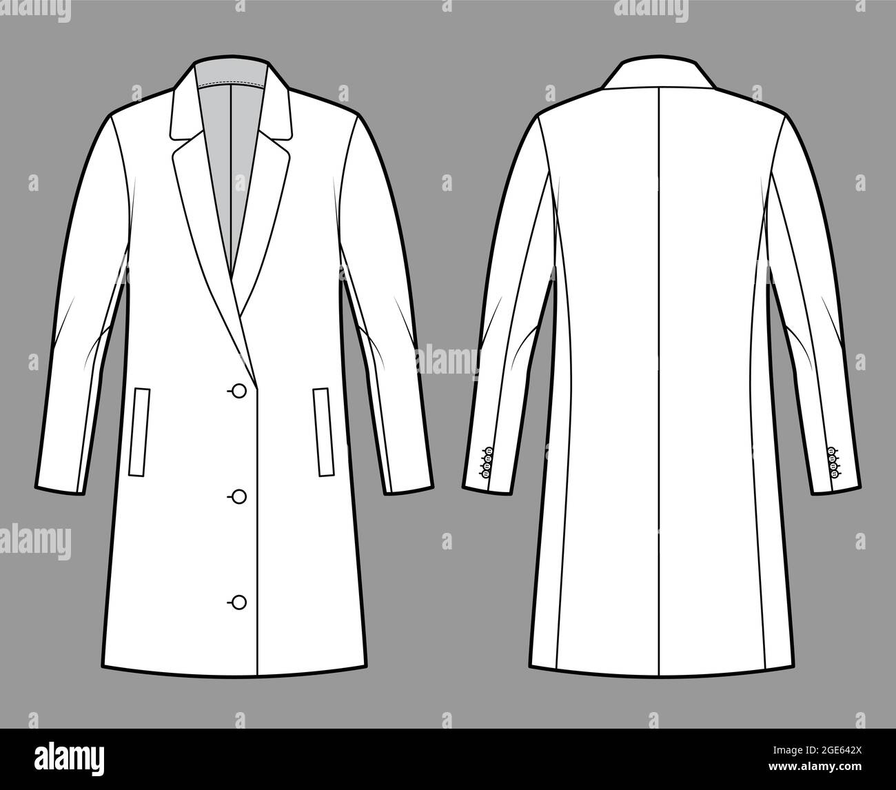Oversized Blazer jacket suit technical fashion illustration with single  breasted, long sleeves, notched lapel collar, thigh length. Flat coat  template front, back, white color. Women, men CAD mockup Stock Vector Image  &