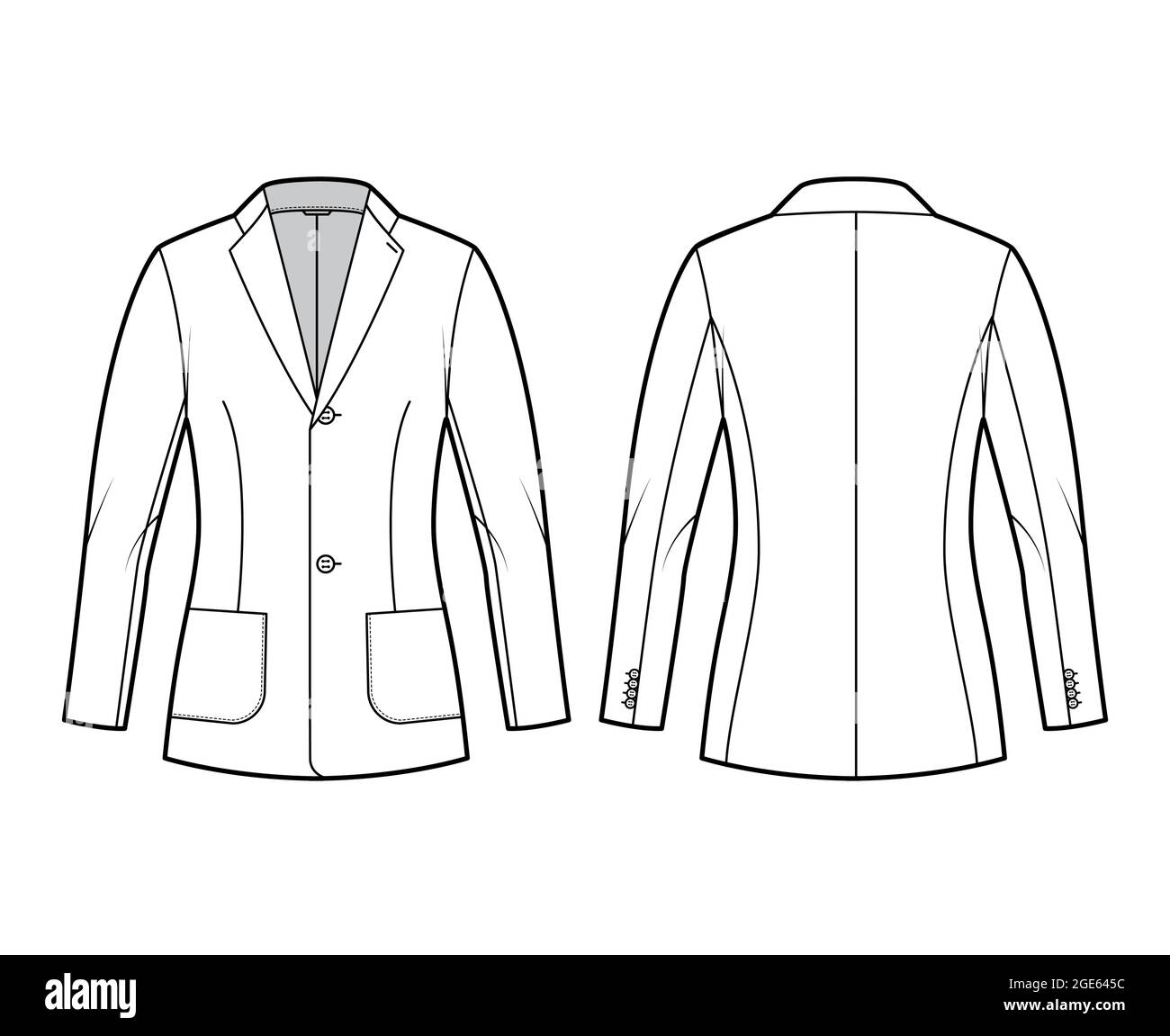 Blazer fitted jacket suit technical fashion illustration with single breasted, long sleeves, lapel collar, patch pockets, hip length. Flat coat template front, back, white color. Women, men CAD mockup Stock Vector