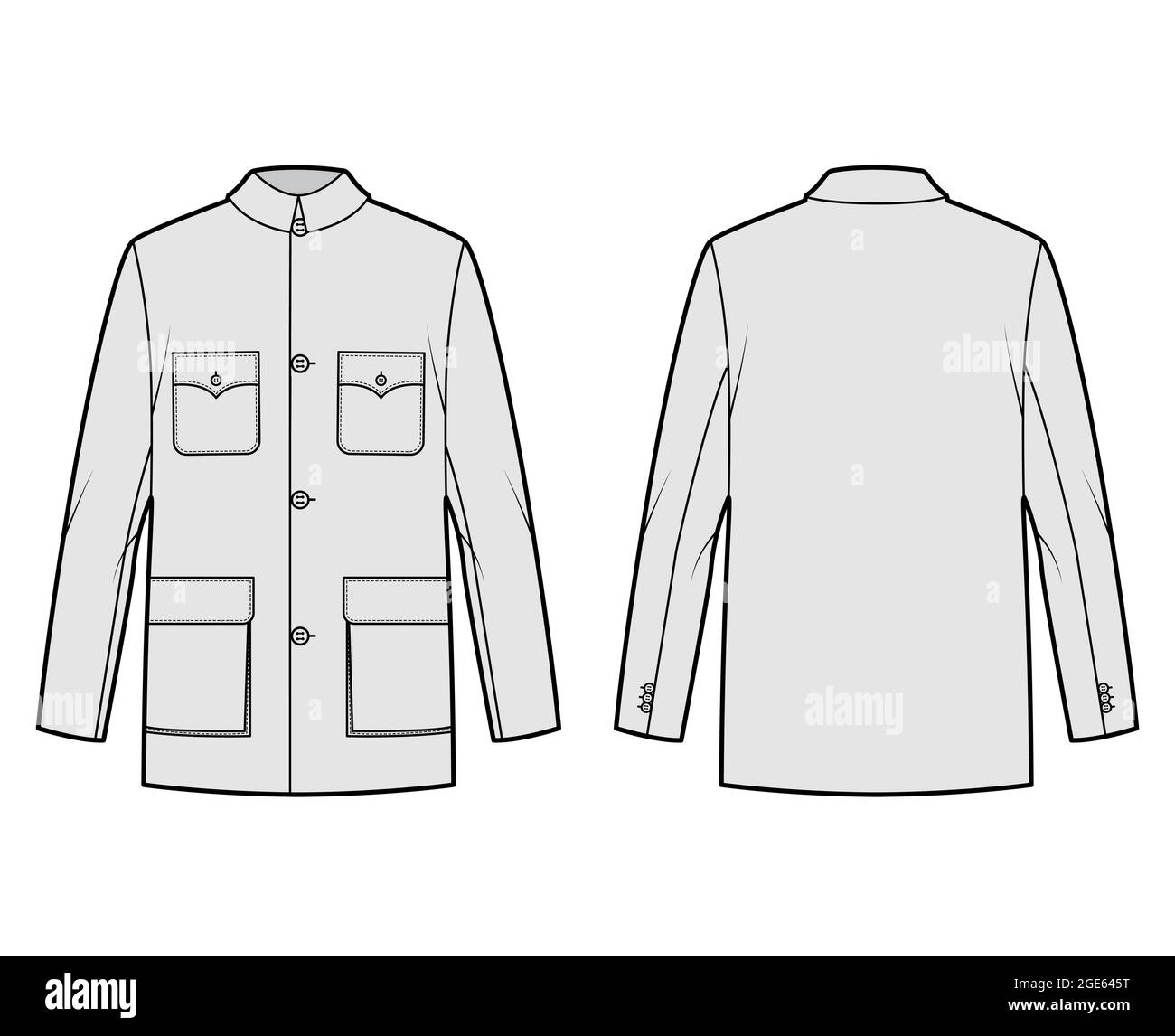 Mao jacket technical fashion illustration with oversized, classic collar, pockets, long sleeves, button closure. Flat coat apparel template front, back, grey color style. Women, men, unisex CAD mockup Stock Vector
