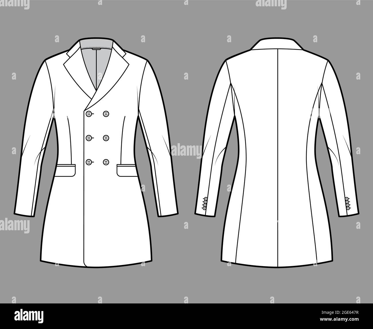 Fitted jacket double breasted suit technical fashion illustration with long sleeves, notched lapel collar, flap pockets, fingertip length. Flat coat template front, back, white color. Women, men CAD Stock Vector
