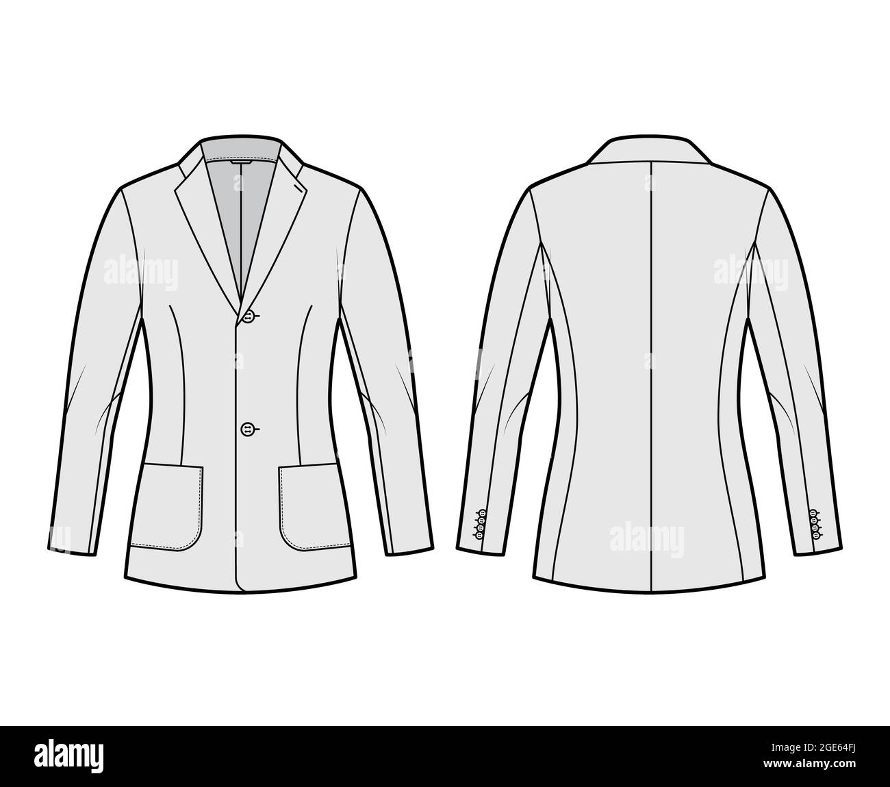 Blazer fitted jacket suit technical fashion illustration with single breasted, long sleeves, notched lapel collar, patch pockets, hip length. Flat coat template front, back, grey color. Women, men CAD Stock Vector