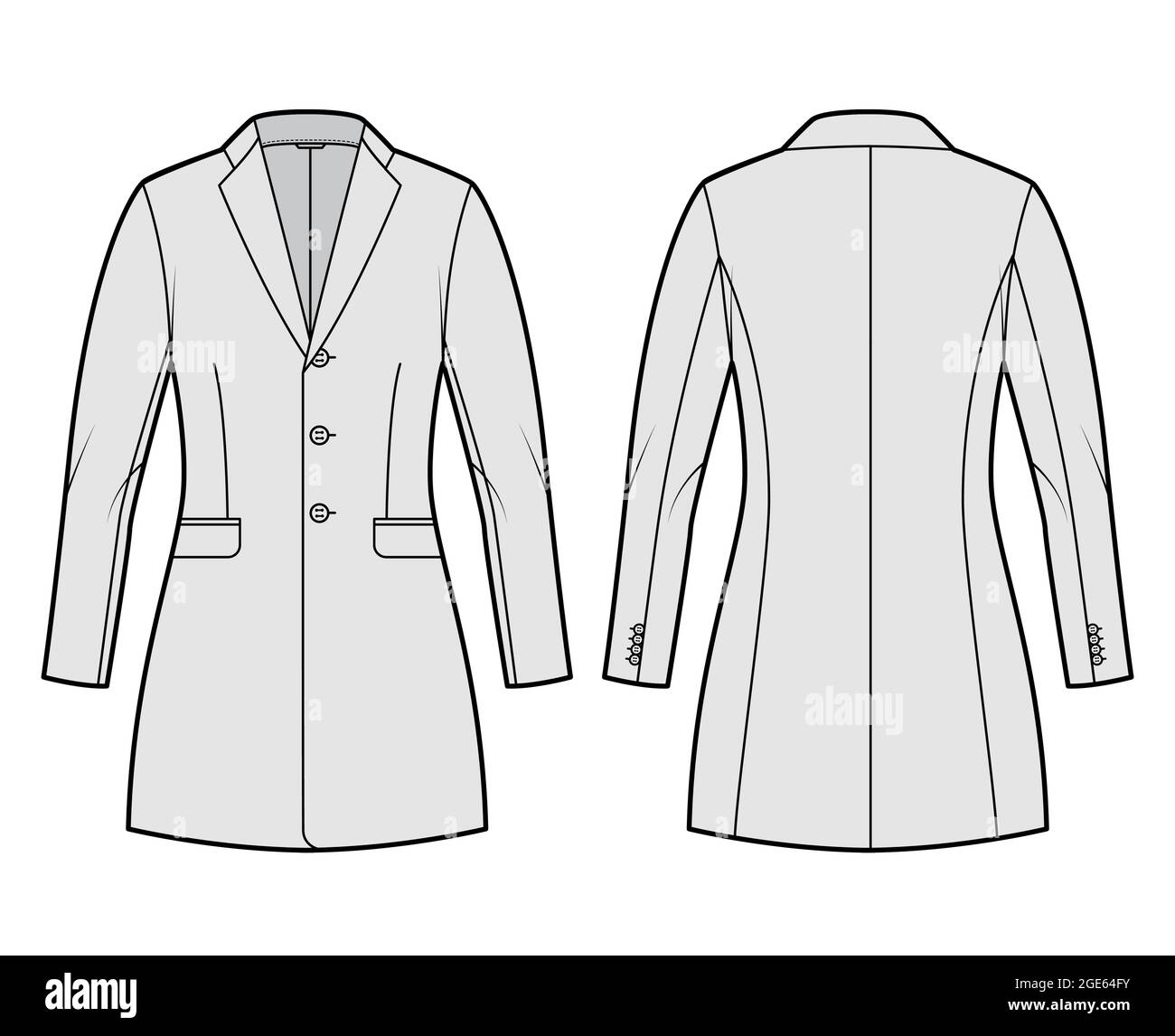 Jacket fitted Blazer structured suit technical fashion illustration with single breasted, long sleeves, flap pockets, fingertip length. Flat coat template front, back, grey color. Women, men CAD Stock Vector