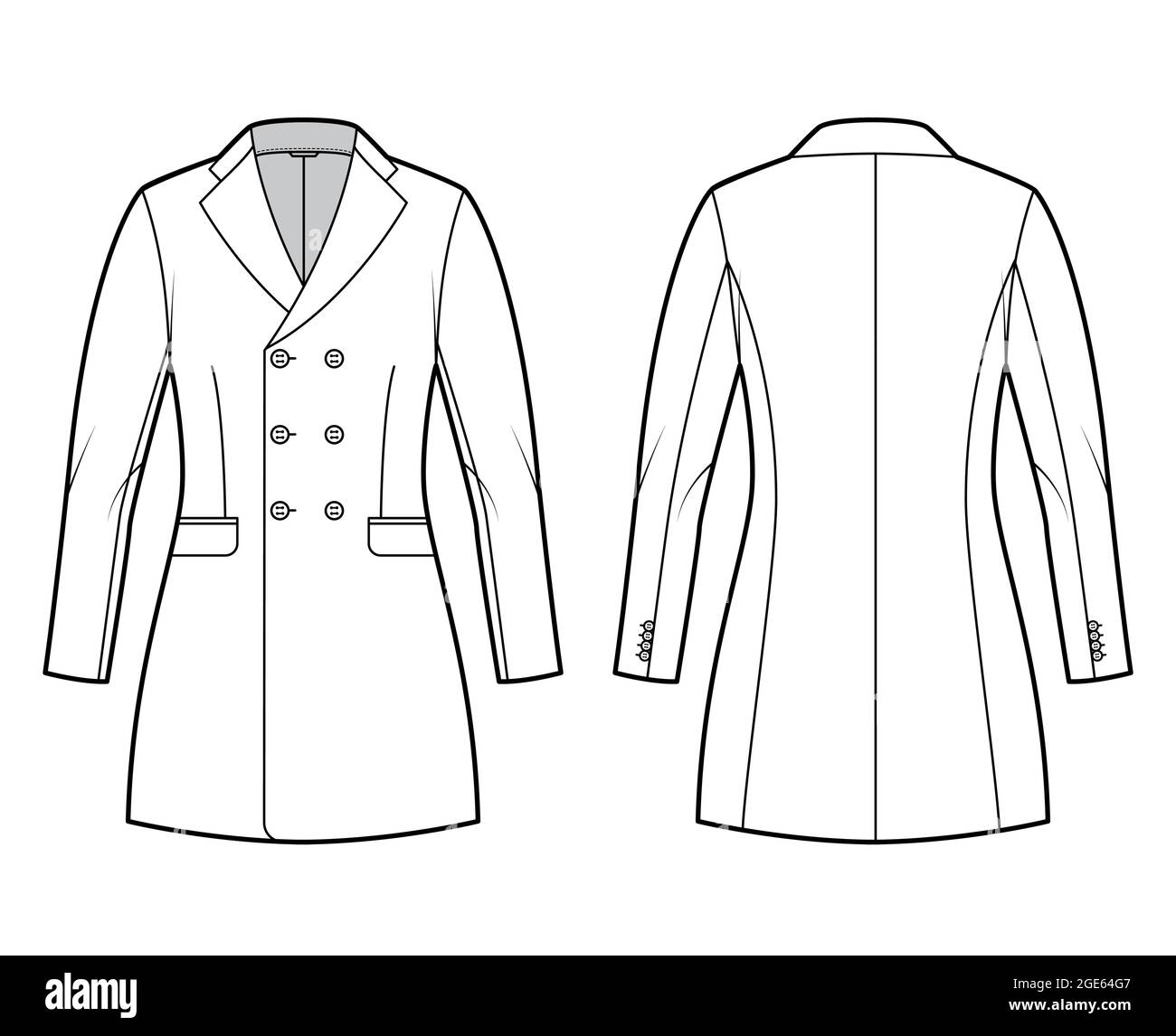 Fitted jacket double breasted suit technical fashion illustration with long sleeves, notched lapel collar, pockets, fingertip length. Flat Blazer coat template front, back, white color. Women, men CAD Stock Vector