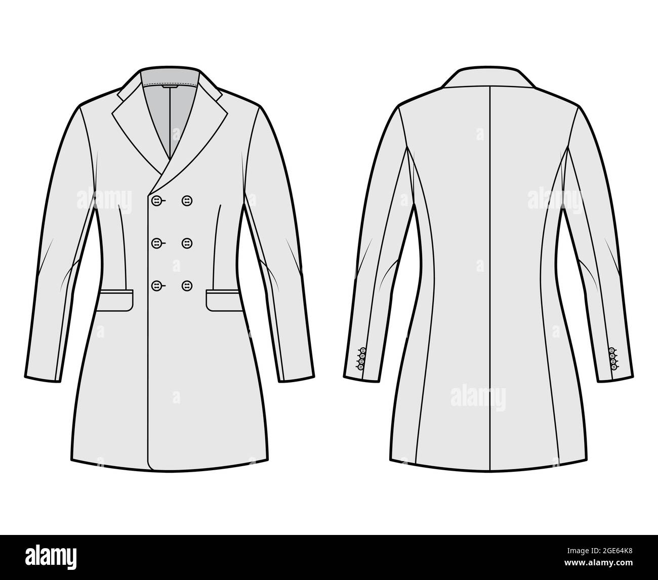Fitted jacket double breasted suit technical fashion illustration with long sleeves, notched lapel collar, flap pockets, fingertip length. Flat Blazer template front, back, grey color. Women, men CAD Stock Vector