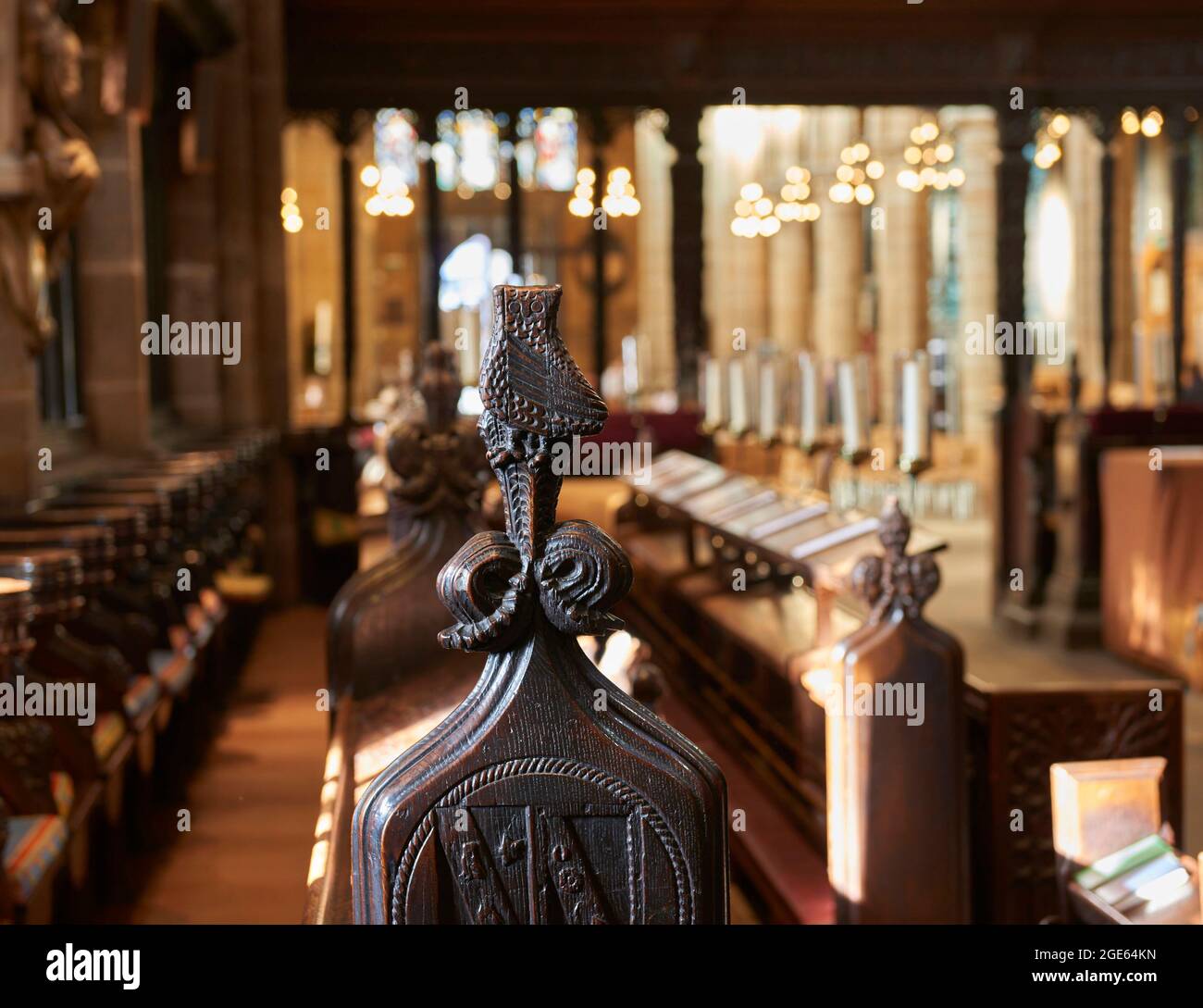 Old Choir stall carving at The refurbished interior of Wakefield Cathedral, West Yorkshire, northern England, UK Stock Photo