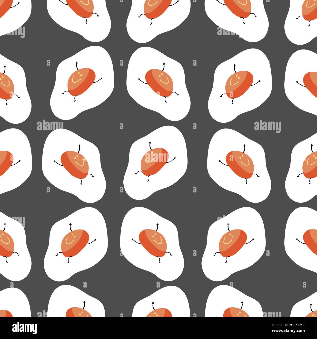 Cute seamless fried eggs pattern on grey background. Vector illustration. Stock Vector