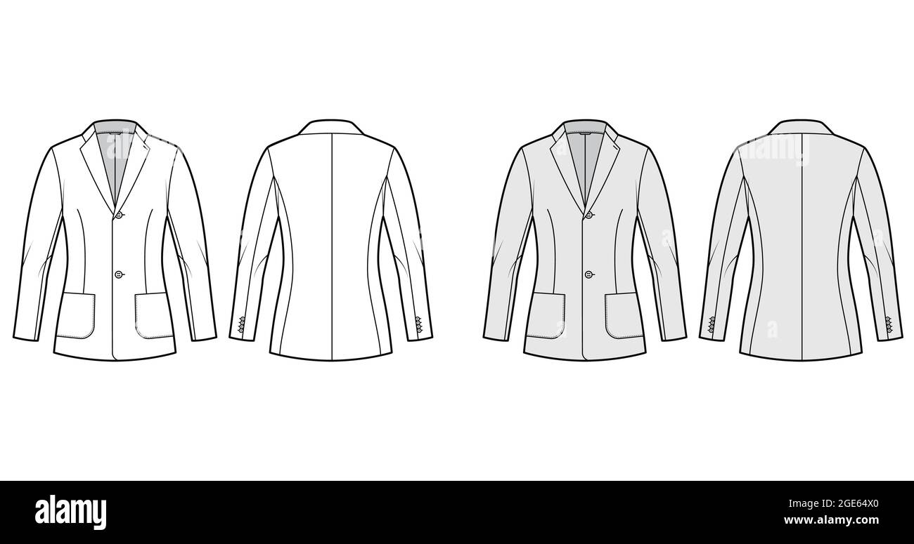 Blazer fitted jacket suit technical fashion illustration with single breasted, notched lapel collar, patch pockets, hip length. Flat coat template front, back, white, grey color. Women, men CAD mockup Stock Vector