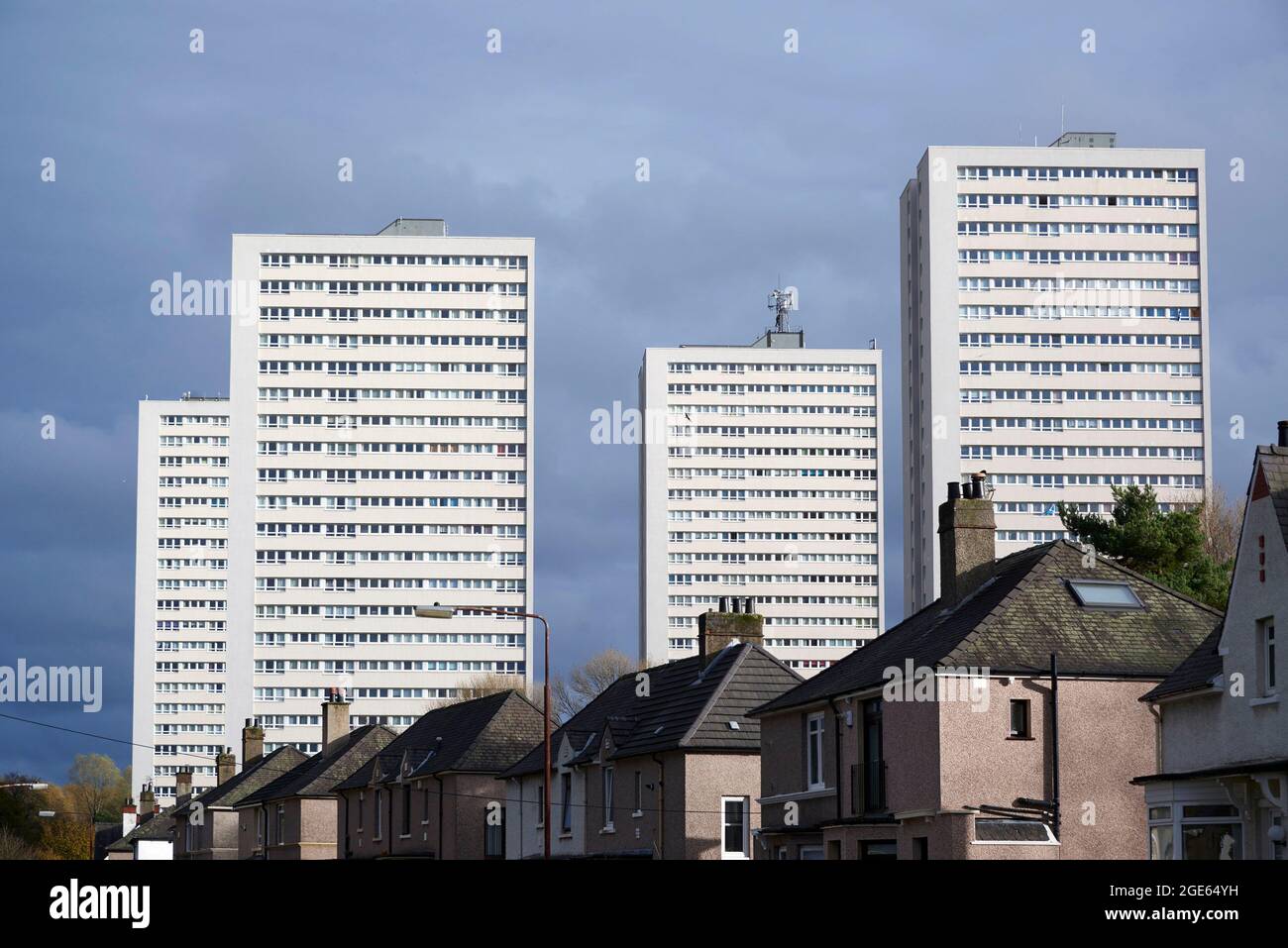 Re-clad high rise tower blocks, Sandyhills, Glasgow, Central Scotland Stock Photo