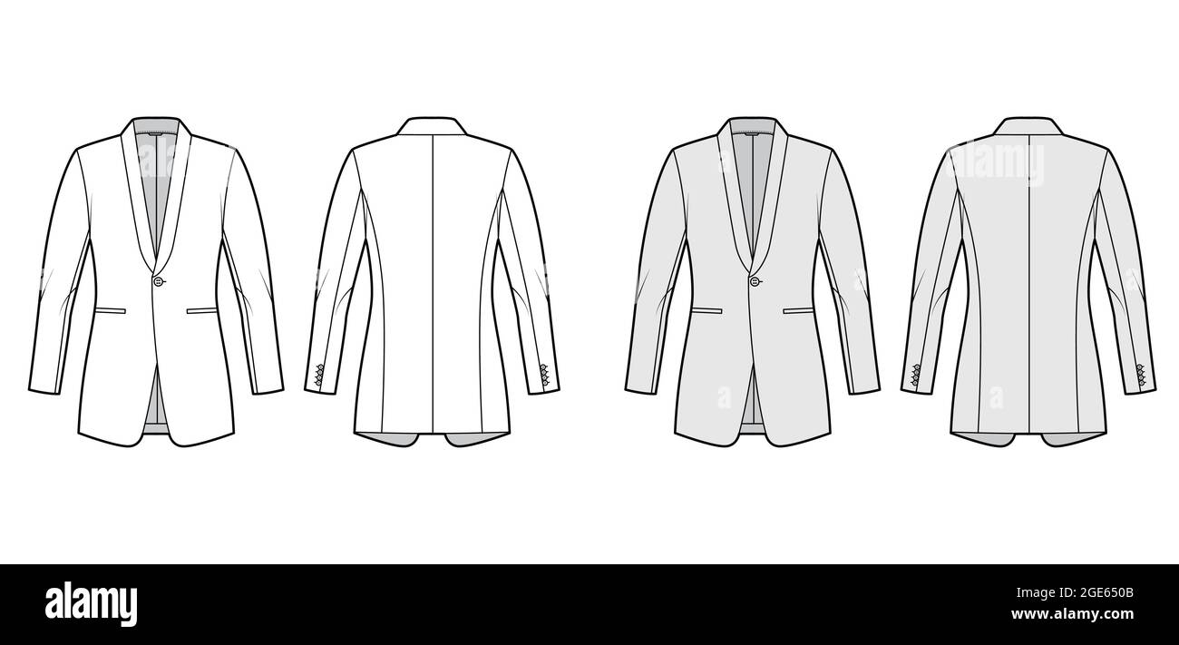 Dinner fitted jacket suit tuxedo technical fashion illustration with single breasted, jetted pockets. Flat coat blazer template front, back, white, grey color style. Women, men unisex CAD mockup Stock Vector