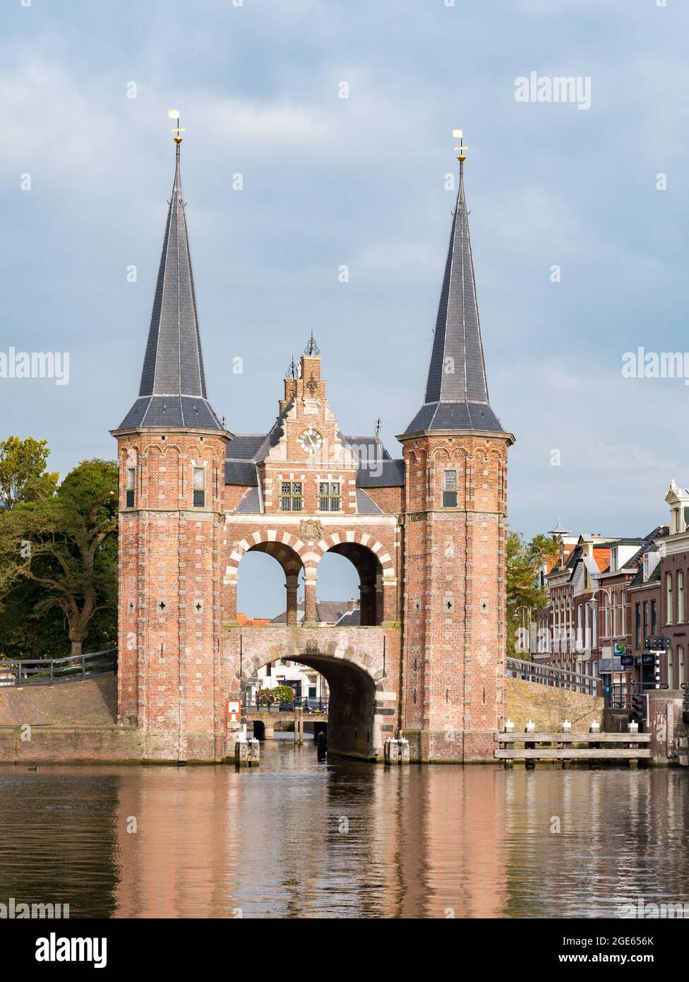 Waterpoort, water gate, and de Kolk canal in city of Snits, Sneek in Friesland, Netherlands Stock Photo
