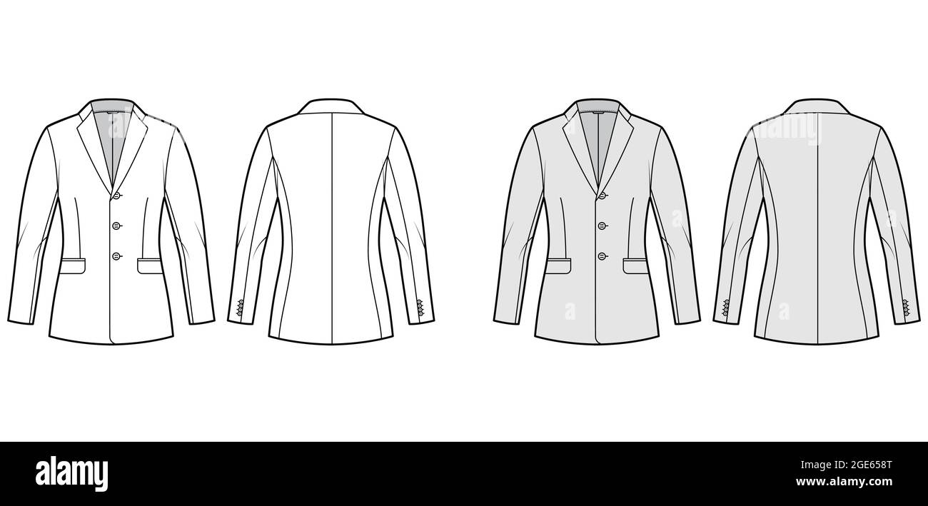 Blazer fitted jacket suit technical fashion illustration with single breasted, notched lapel collar, flap pockets, hip length. Flat template front, back, white, grey color. Women, men CAD mockup Stock Vector