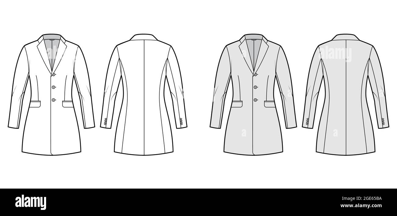 Jacket fitted Blazer structured suit technical fashion illustration with single breasted, long sleeves, flap pockets, fingertip length. Flat coat template front, back, white, grey color. Women men CAD Stock Vector