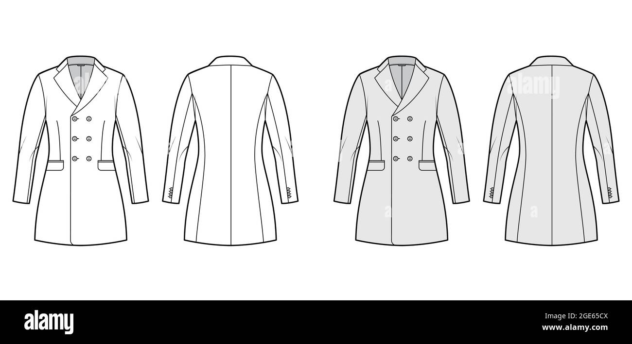 Fitted jacket double breasted suit technical fashion illustration with notched lapel collar, flap pockets, fingertip length. Flat Blazer coat template front, back, white, grey color. Women, men CAD Stock Vector