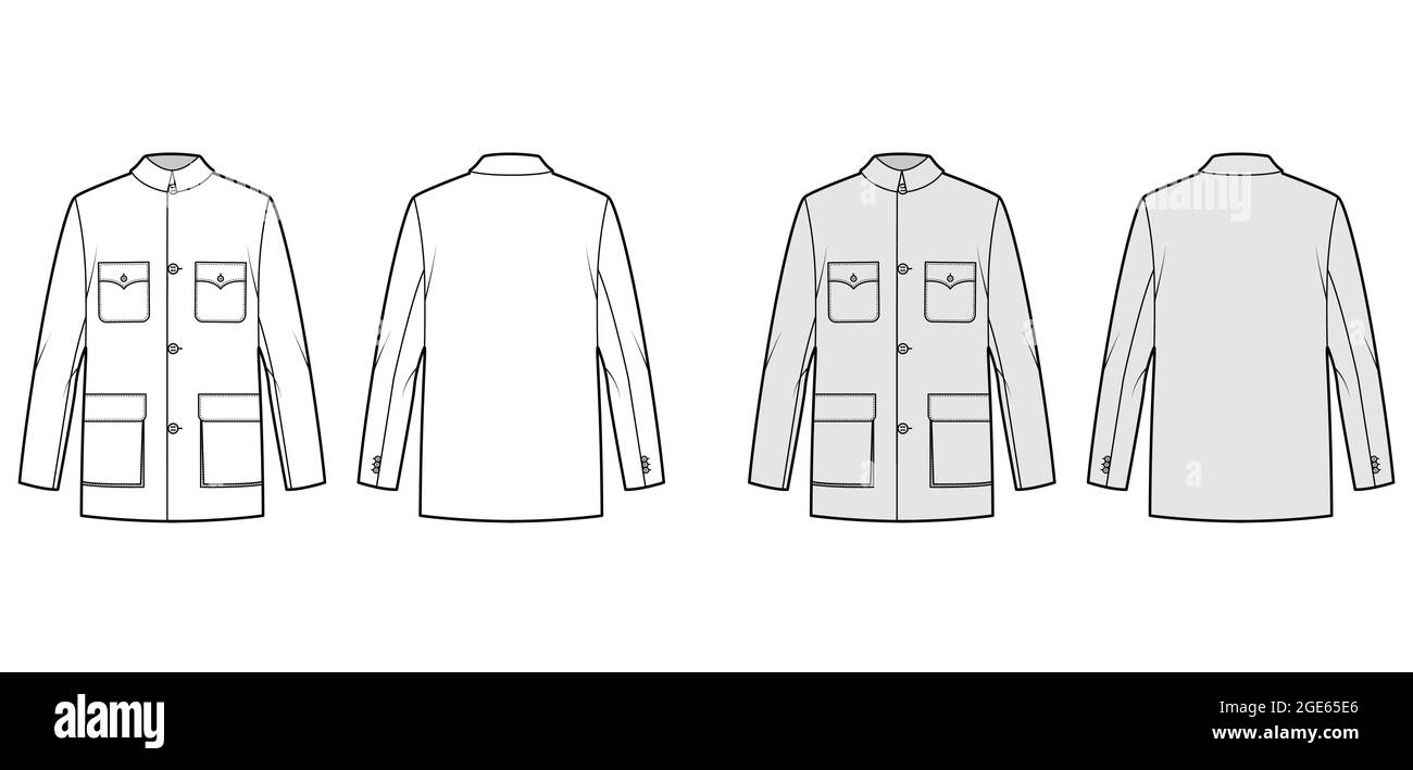 Mao jacket technical fashion illustration with oversized, classic collar, flap pockets, long sleeves, button closure. Flat coat template front, back, white, grey color. Women, men, unisex CAD mockup Stock Vector