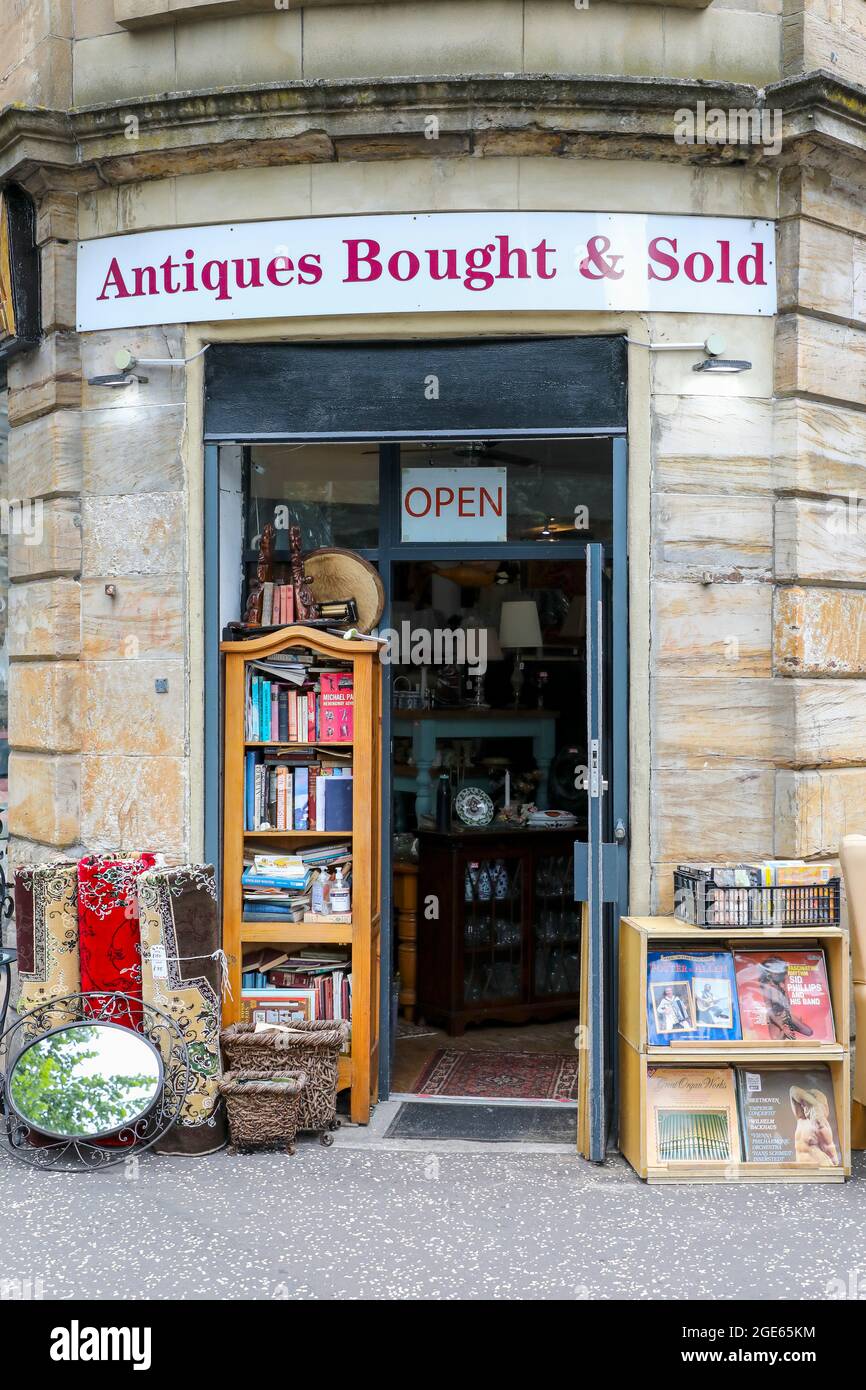Entrance to an antique shop in Woodlands Road, Glasgow, with a display