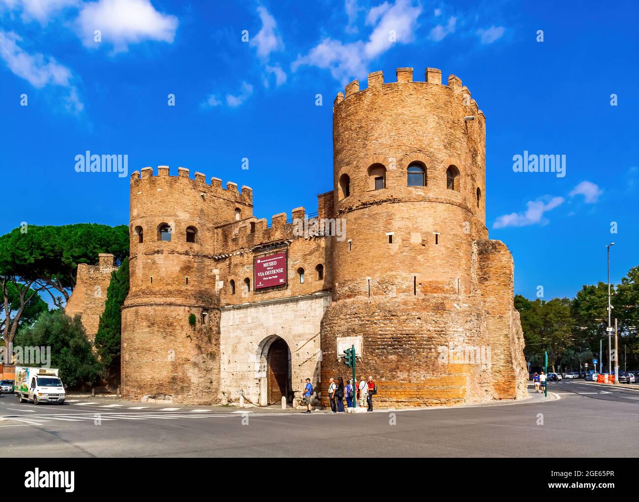 Rome, Italy - May 20, 2012: Porta San Paolo is a preserved 3rd century city gate, part of the Aurelian wall in Rome, Italy. It is the home to the Muse Stock Photo