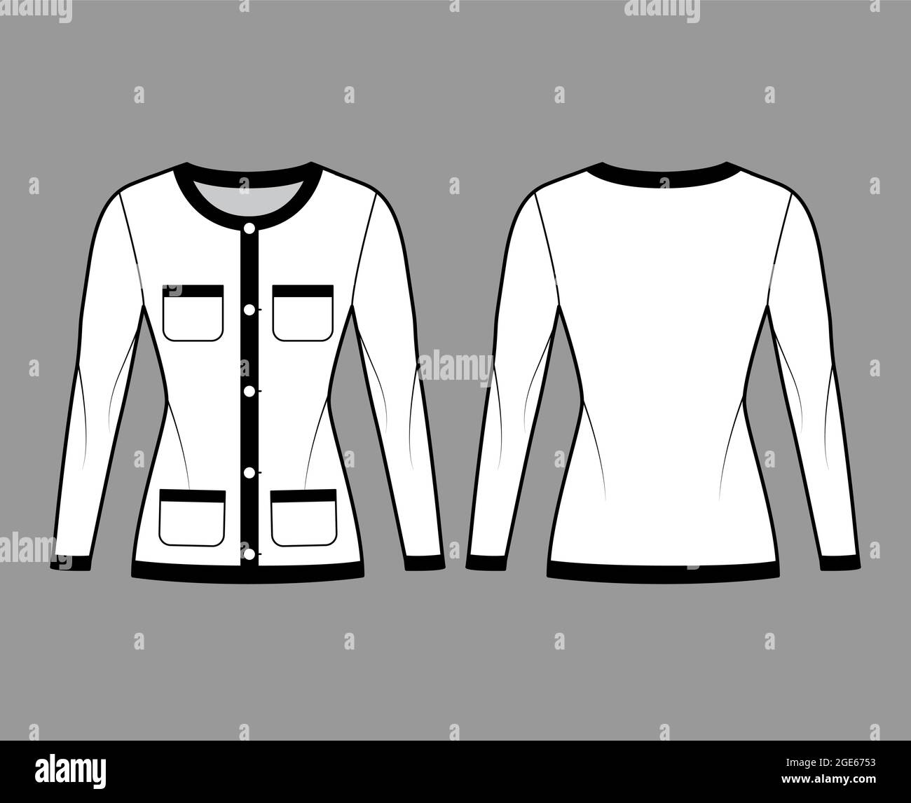 Blazer Jacket like Chanel suit technical fashion illustration with long  sleeves, patch pockets, fitted body, button closure. Flat coat template  front, back, white color style. Women, men CAD mockup Stock Vector Image