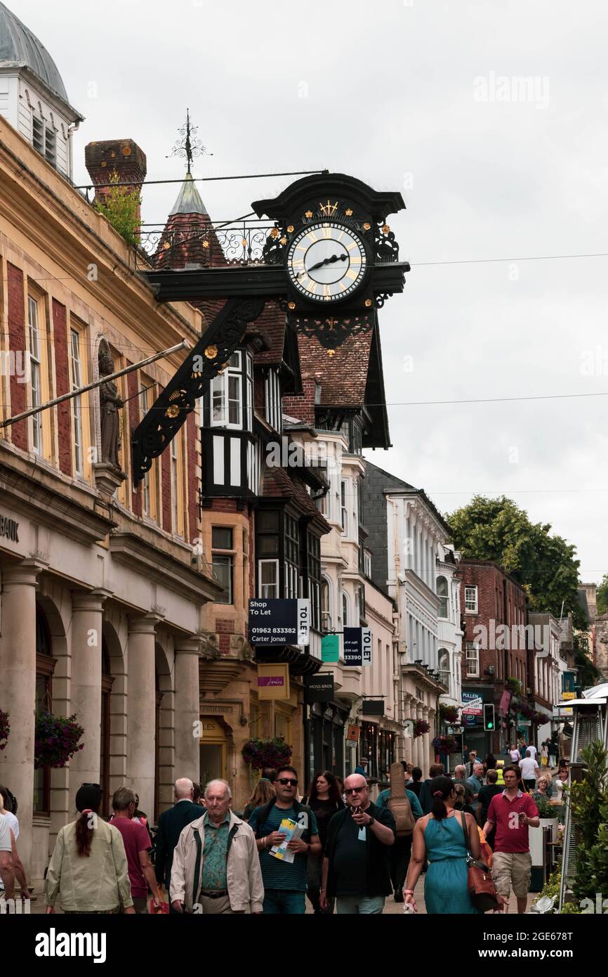 Winchester, United Kingdom, 10th August 2021 A clock above Lloyds