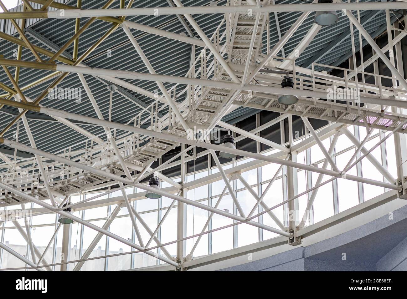 Metal tubes construction in big building, industrial architecture